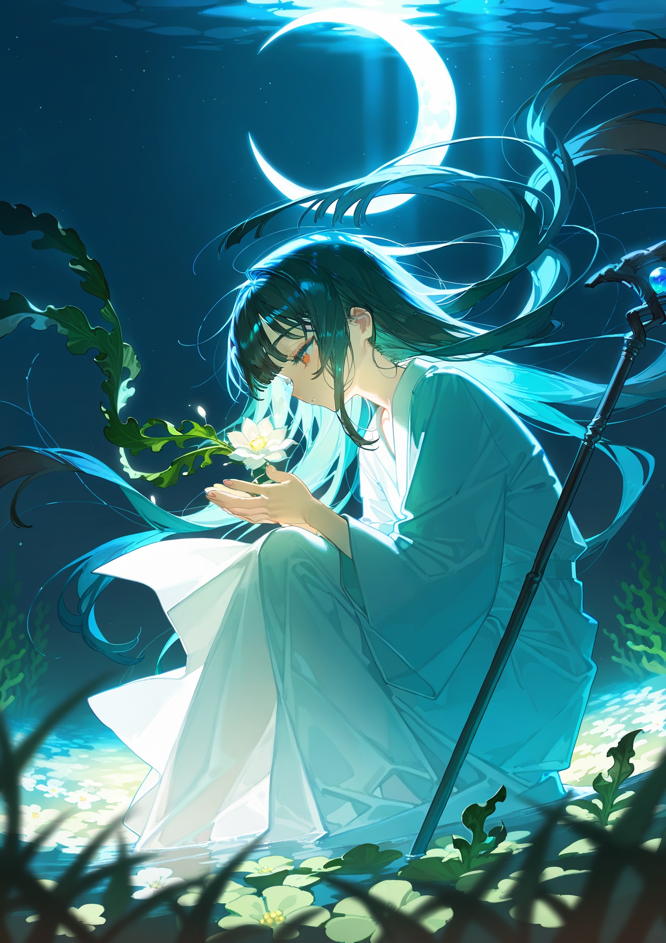 masterpiece, best quality, year 2024, newest, highres, absurdres, illustration, (inverted reflection:1.2), underwater, (kelp forest:1.1), seaweed, light rays, caustics, blue theme, green theme, floating particles, (glowing plants:0.8), bioluminescent, starry sky, crescent moon, flower field, (glowing flowers:0.8), 1girl, witch, floating, long robe, staff, chromatic aberration, light particles, double exposure, cold colors, warm color accents, (transparent background:0.8), flowing elements, quasarcake:0.4, (mika pikazo:0.8), (rei \(sanbonzakura\):0.7), tsuruse0.2, (wlop:0.1), (nixeu:0.1), masterpiece,best quality,amazing quality,very aesthetic,high resolution,ultra-detailed,absurdres,scenery,depth of field,BREAK hands,fingers,finger nails,(detailed eyes, detailed skin, detailed hair:1.2),photorealistic,masterpiece,best quality,amazing quality,very aesthetic,high resolution,ultra-detailed,absurdres,newest,scenery,(artist:ningen_mame),artist:ciloranko,(artist:sho_(sho_lwlw)),((tianliang duohe fangdongye)),((artist:rhasta)),(nyalia)