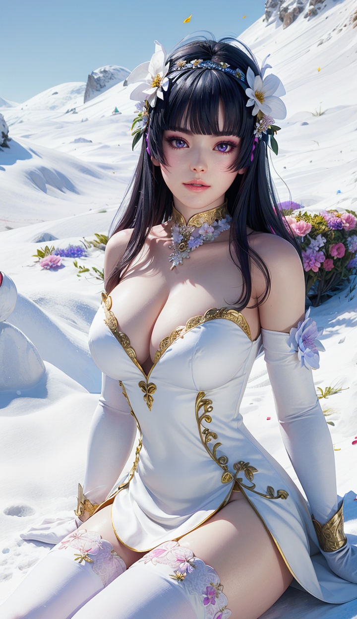 masterpiece,highres,1girl,solo,sfw,<lora:add_detail:0.3>,looking at viewer,dynamic_angle,thighhighs,((beautiful Dress+stocking):1.25),((flower headdress:1.45)),((white theme:1.5)),snow,outdoors,snowflakes,3D graphics,nyotengu,dynamic pose,purple eyes,<lora:nyotengu-000004:0.75>,