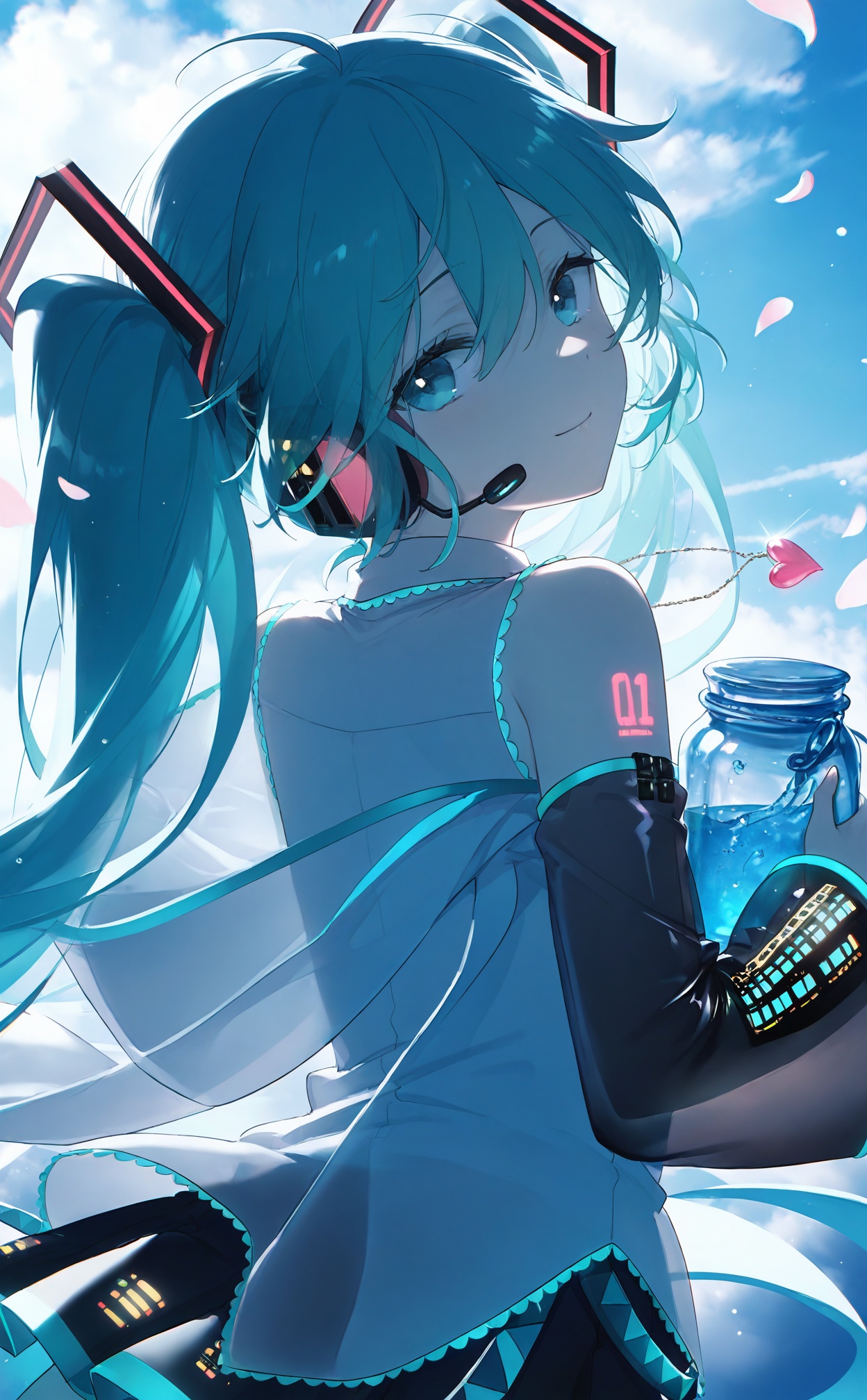 masterpiece,highres,absurdres,newest,best quality,high quality,loli,petite,chromatic_aberration,//,hatsune_miku, 1girl, solo, long_hair, twintails, cloud, looking_back, sky, looking_at_viewer, heart, smile, jewelry, cloudy_sky, detached_sleeves, necklace, from_behind, headphones, see-through, shirt, sleeveless, holding, sleeveless_shirt, very_long_hair, bare_shoulders, skirt, heart_necklace, shoulder_tattoo, blue_sky, blue_hair, hair_between_eyes, tattoo, outdoors, blue_theme, closed_mouth, blue_eyes, black_skirt, day, floating_hair, hair_ornament, backlighting, light_smile, transparent, bottle, hood, water_drop, pleated_skirt, aqua_hair, light_particles, upper_body, petals, glowing, black_sleeves, headset, aqua_eyes, white_shirt, jar, glint, number_tattoo, grey_shirt//,<lora:konya_karasue3——【noob】hans:0.7>,
