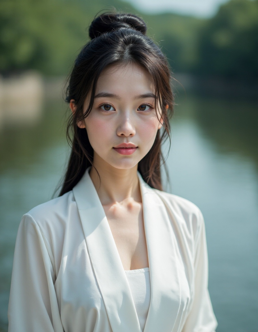 girl, white chinese clothes, realistic skin, skin pores, upper body, film grain, realistic, photorealistic, river,