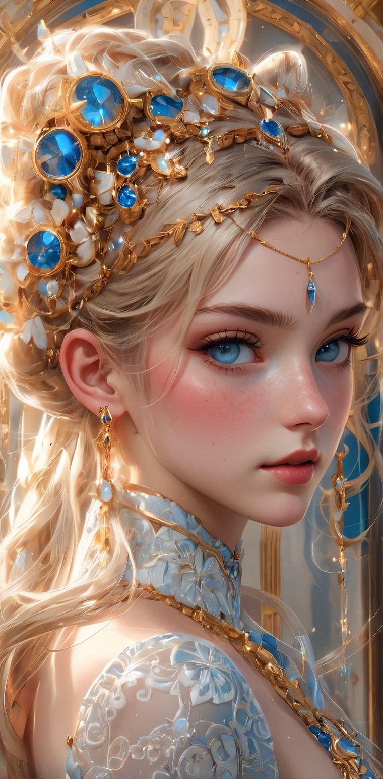 A young woman with long blonde hair and a single hair bun,  adorned with a sparkling blue gemstone and gold trim,  gazes s...