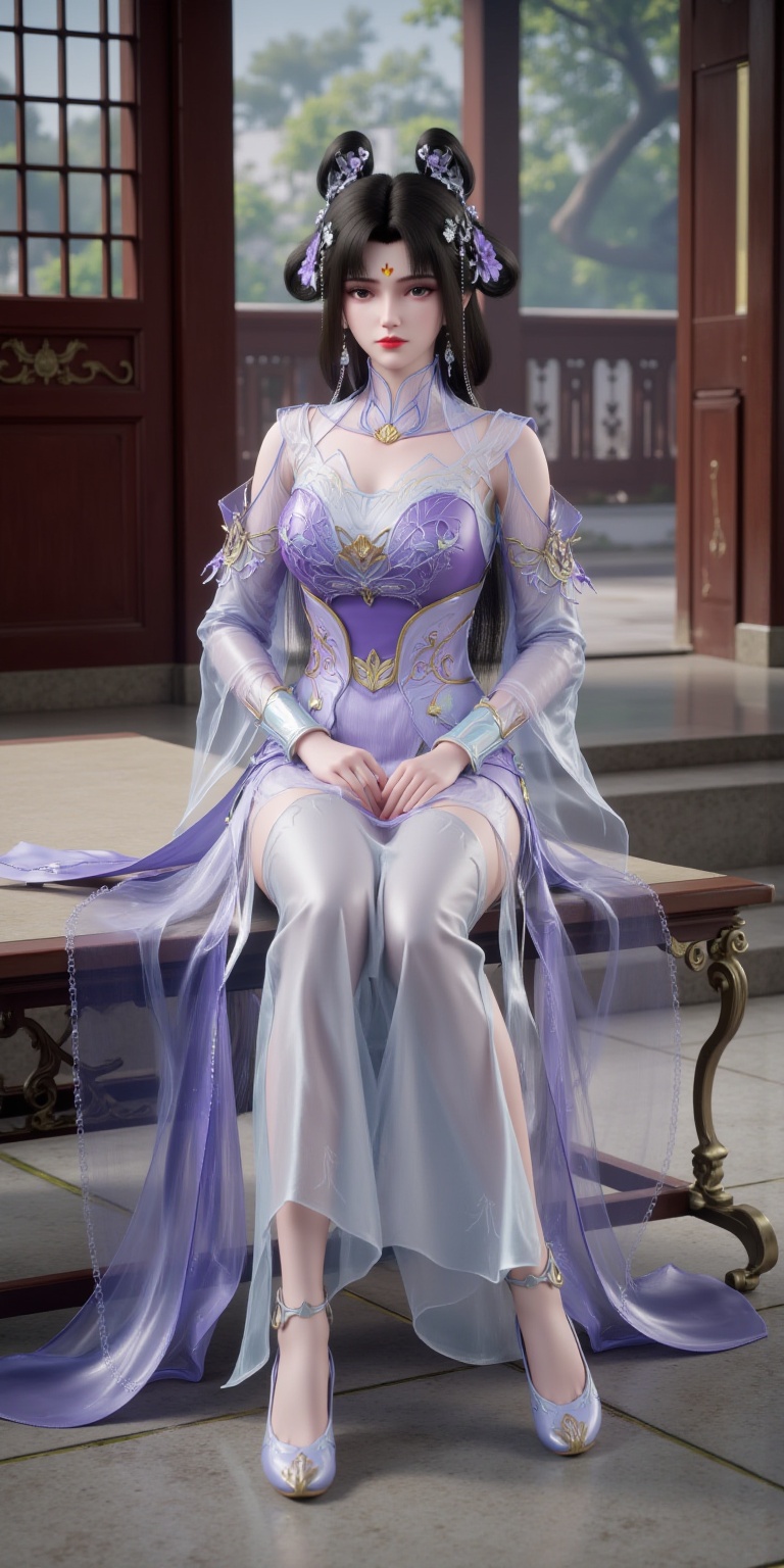 chengling,1girl,solo,black hair,hair ornament,dress,jewelry,earrings,jewelry,hair bun,red lips,long hair,dynamic pose,dynamic angle,(Full-body:1.4),Long skirts,cloth shoes,(Sitting:1.4),Dynamic angles,dynamic poses,The palace,the ancient buildings,