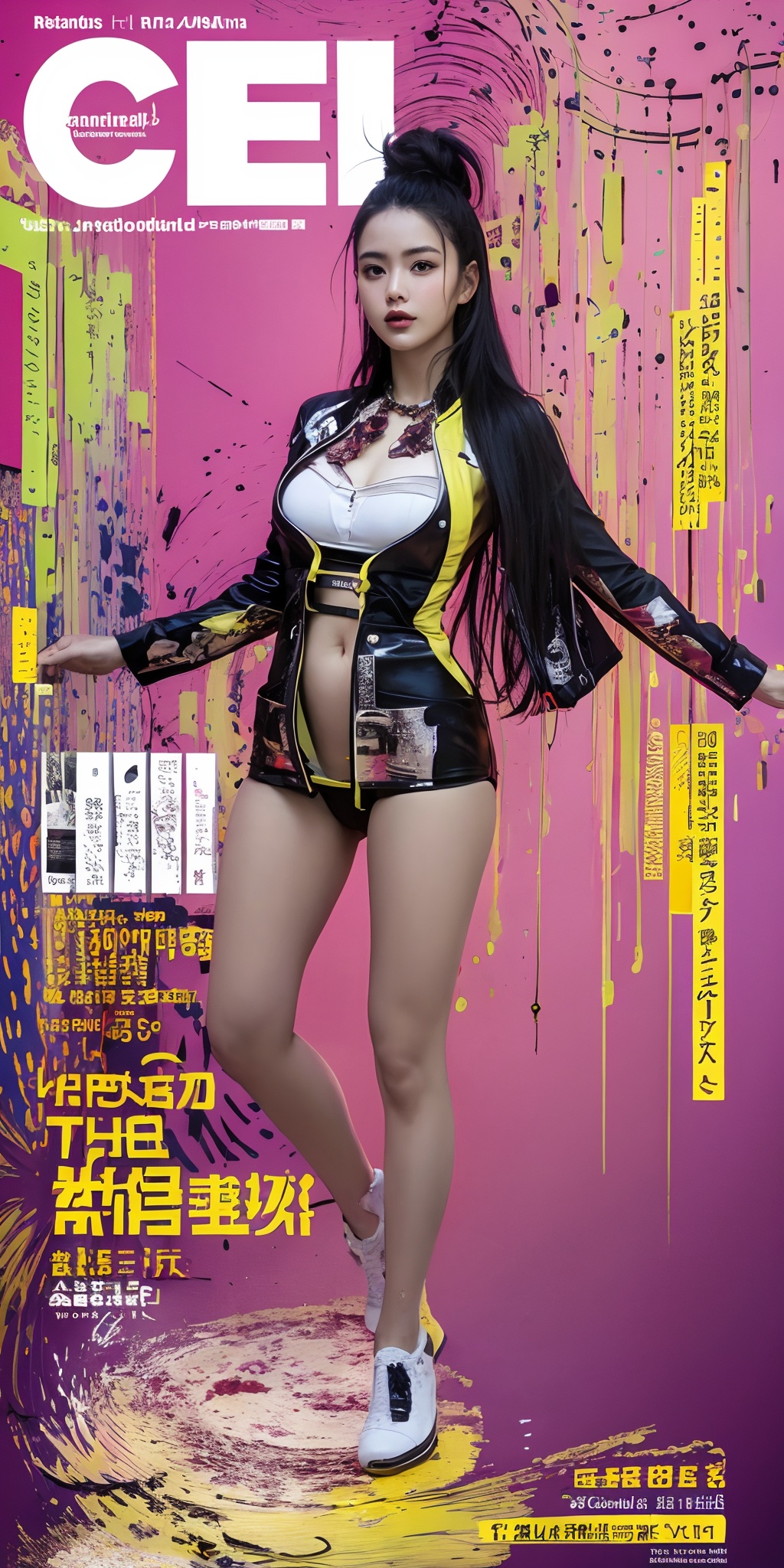 (full body:1.1),masterpiece,bestquality,8k,officialart,ultrahighres,advertising style, magazine cover,(abstract background:1.3),(many colors:1.4),girl,dancing,long supple hair,perfectly proportioned facial features,delicate skin,wearing a bosom