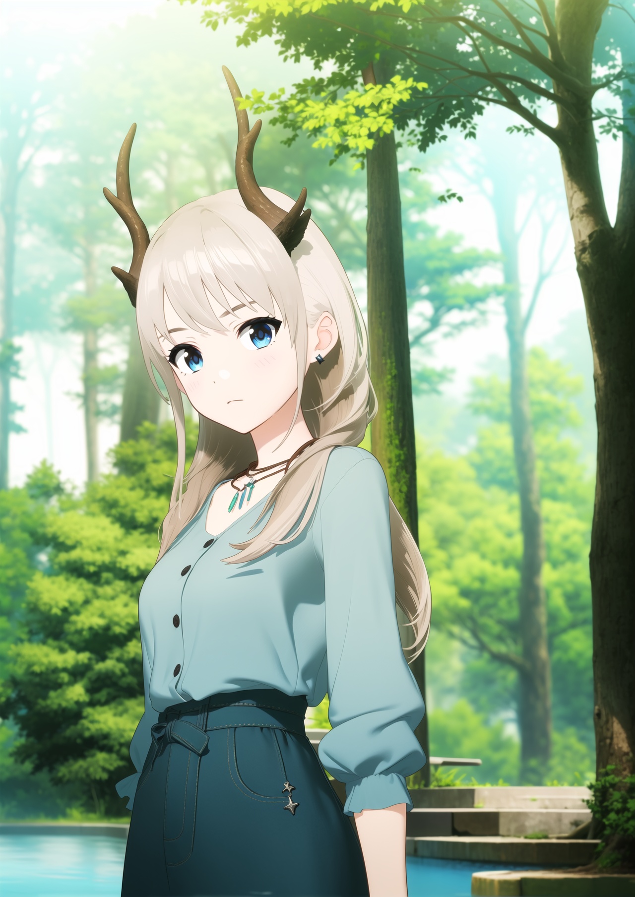 masterpiece,best quality,1girl,jewelry,dress,tree,nature,white hair,solo,outdoors,long hair,horns,water,antlers,forest,necklace,blurry,(front view:1.2),(looking_at_viewer:1.2),(eye-contact:1.2),
