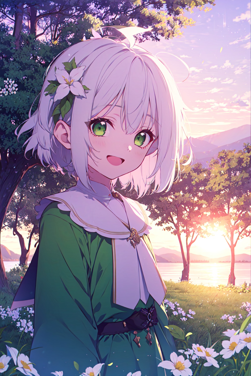 depth of field,1girl,:d,bangs,ahoge,bush,day,dress,flower,forest,grass,green dress,green eyes,(white hair flower),leaf,long sleeves,looking at viewer,nature,on grass,open mouth,outdoors,short hair,silver hair,smile,solo,tree,upper body,white dress,white hair,(loli:1.2),looking at viewer,the mountains on both sides have a lake in the middle,sunset,sun reflected on the water in the horizon,nature,(white border:1.35),(white background:1.25),