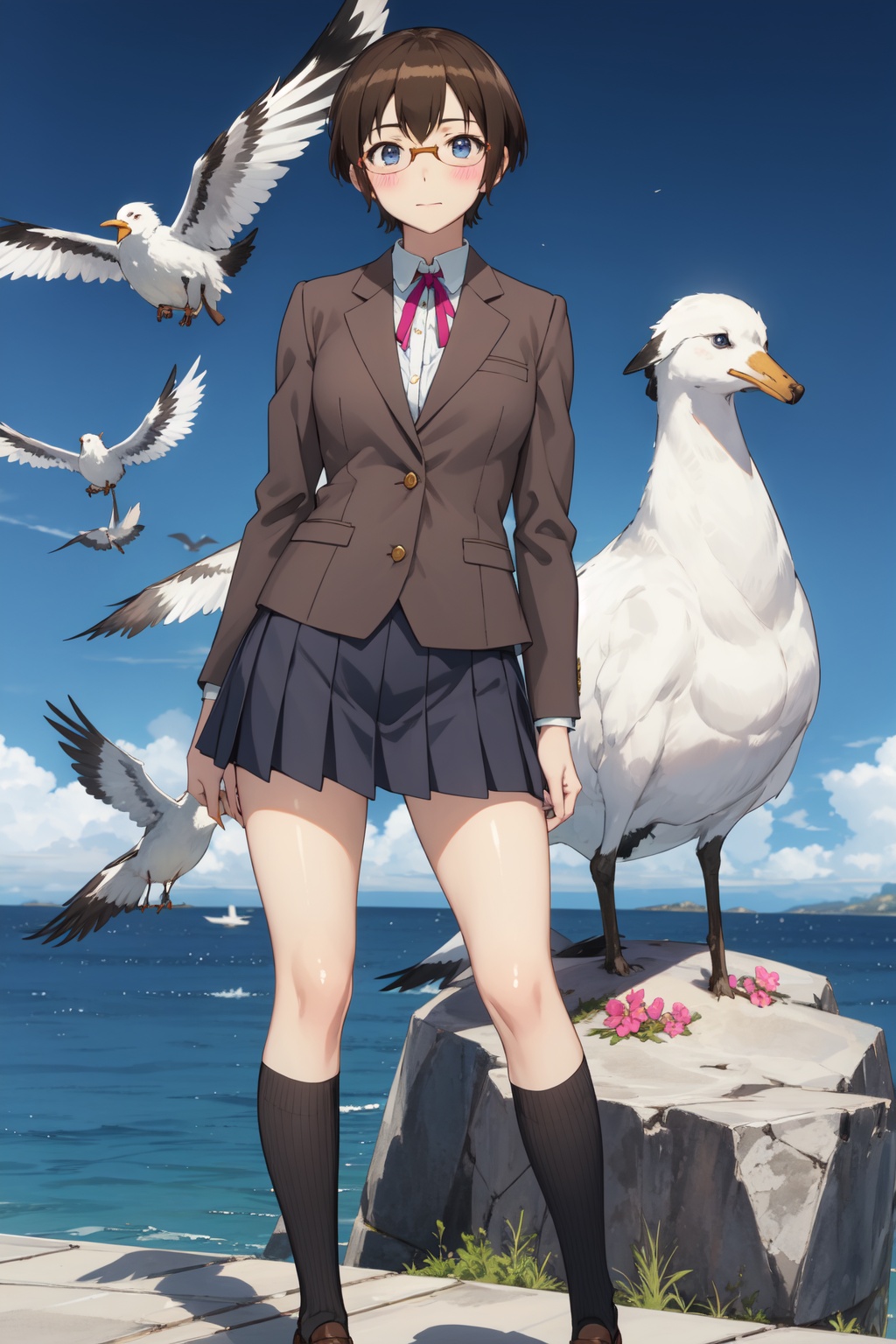 <lora:Manami-000015:0.8>,Manami cyql,1girl,looking at viewer,solo,short hair,brown hair,blue eyes,blush,glasses,semi-rimless eyewear,school uniform,blazer,skirt,socks,sad,upper_body,beautiful face,beautiful eyes,glossy skin,shiny skin,Coastline, Cliffs, Wind, Waves, Rocks, Dramatic, Serenity, Seagulls,(Japanese maples, Snow-covered branches, Winter garden, Tranquil setting, Japanese elegance, Frosty beauty:0.5),beautiful detailed sky,beautiful detailed glow,posing in front of a colorful and dynamic background,masterpiece,best quality,beautiful and aesthetic,contrapposto,female focus,wallpaper,fashion,