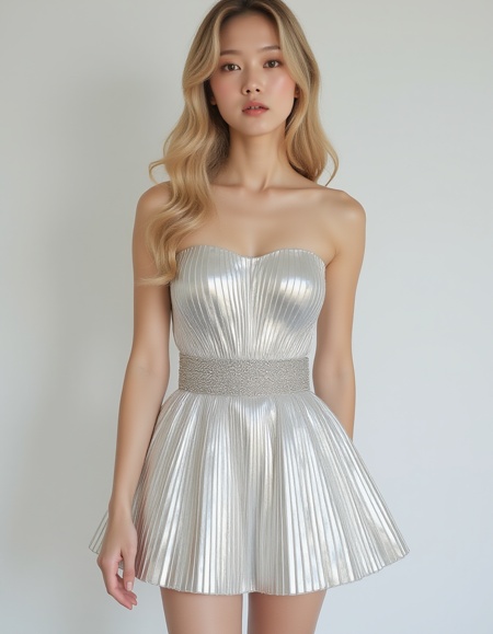 detailed full body photo of a young Korean woman. Blonde hair, skinny body,   <lora:mkl-dress-flux:1> strapless, dress, pleated, metallickldress, minidress, metallic, pearls, decoration, silver, waist