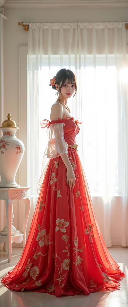 a high-resolution photograph depicting a young asian woman standing in a luxurious, sunlit room, she is wearing a stunning, off-the-shoulder, floor-length gown in a vibrant red color with intricate, floral embroidery in gold, creating a beautiful, yet elegant, pattern, the gown has a voluminous, flowing skirt that cascades down to the floor, with a sweetheart neckline and off-shades of off-white fabric, the fabric is adorned with delicate floral patterns in gold and red, adding a touch of sophistication and elegance, the woman has dark brown hair styled in an elegant updo with a few orange flowers, and she wears a delicate, gold necklace and earrings, her facial features are delicate, with soft, warm eyes and a gentle smile, she stands confidently in the center of the room, surrounded by elegant, white walls with a high, ornate molding, and a large, ornated vase with a golden lid on a white table to her left, the room is bathed in soft, natural light, with sheer white curtains allowing soft, diffused sunlight to stream in, casting gentle shadows and highlighting the intricate patterns on her gown, the overall mood is serene and romantic, with the woman's elegant attire and the serene, inviting setting,,(((photo raw)), Prism Effects volumetrics dtx and Chromatic Aberration and Lens Flare and Duotone Effect , ,),from side,Alternate Reality, Stylish Fashion, Creative Art, Unique Aesthetic,Alternative Style,reflective light,glowing,energy, reflection ,wearing see-through kimono,