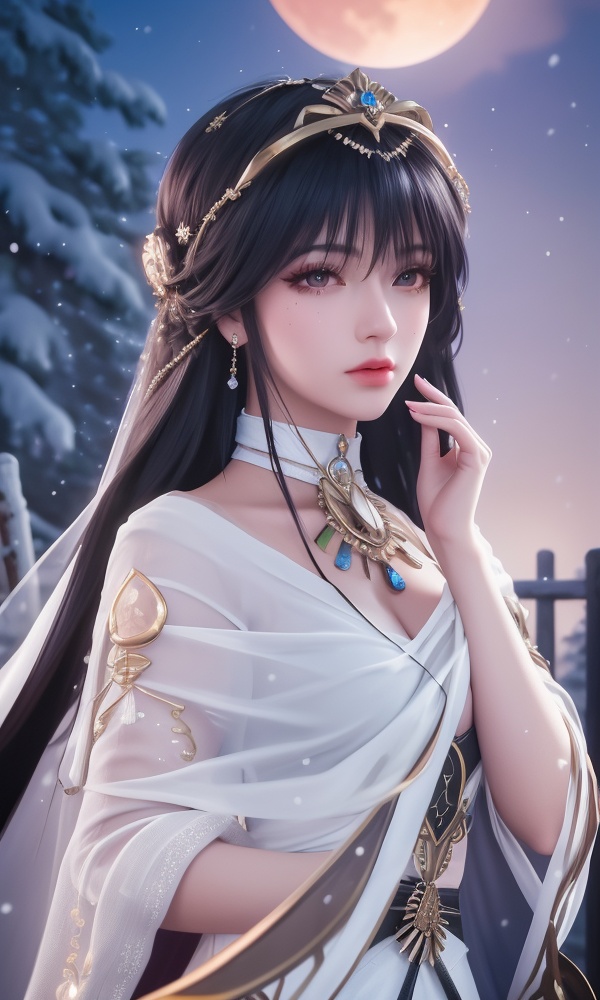 (,1girl, ,best quality, ),looking at viewer, <lora:376-DA-神印王座-龙皓晨-女装-横版:0.8> ,, ,masterpiece, (( , )),, realistic,science fiction,mole, ultra realistic 8k cg, ,tamari \(flawless\),     ,outdoors, snow, snowing, snow on head, sun,sunset,sunlight,moonlight,full moon, red moon,  crescent moon,  crescent rose,  black rose,       (()), (),