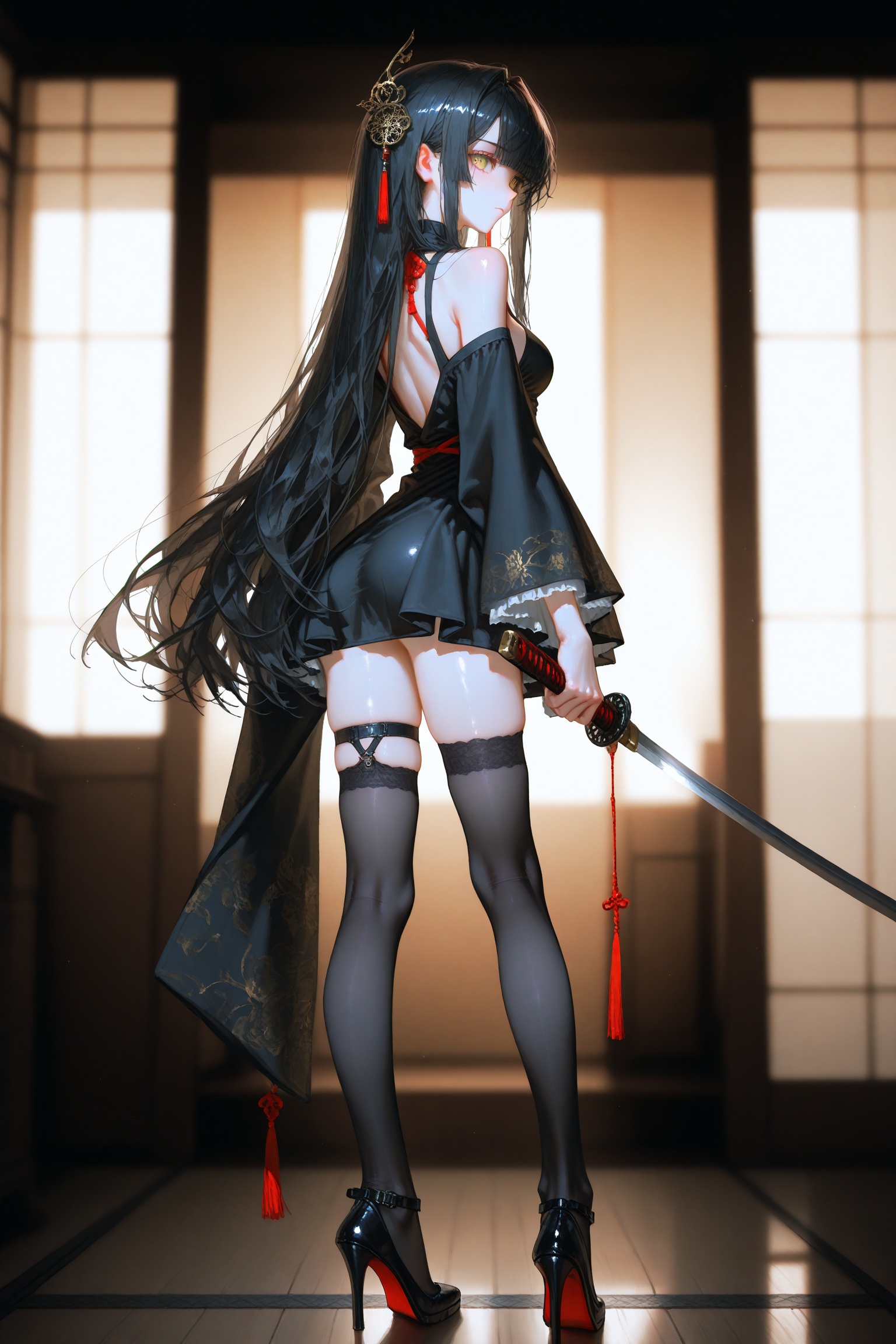 1girl,solo,long hair,breasts,looking at viewer,bangs,black hair,hair ornament,thighhighs,dress,holding,bare shoulders,very long hair,closed mouth,standing,full body,yellow eyes,weapon,looking back,sword,black thighhighs,wide sleeves,from behind,black footwear,holding weapon,black dress,high heels,thigh strap,short dress,katana,masterpiece,best quality,high quality,overexposure,chromatic_aberration,light,fair_skin,very aesthetic,absurdres,newest,masterpiece,safe,amazing quality,(aestivation:0.4),(nasii:0.4),(toosaka asagi:0.4),(atdan:0.4),(artist:quasarcake:0.8),(iumu:0.72),(wlop:0.72),96YOTTEA,Konya Karasue,//,depth of field,detailed light,blurry background,best shadow,shiny skin,cinematic lighting,ray tracing,amazing quality,very aesthetic,absurdres,beast quality,ultra detailed,newest,8K,HDR,