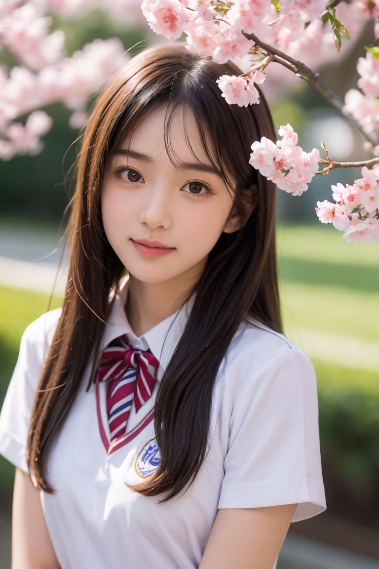 1girl,solo,upper body,looking at viewer,school uniform,peach blossoms,falling petals,