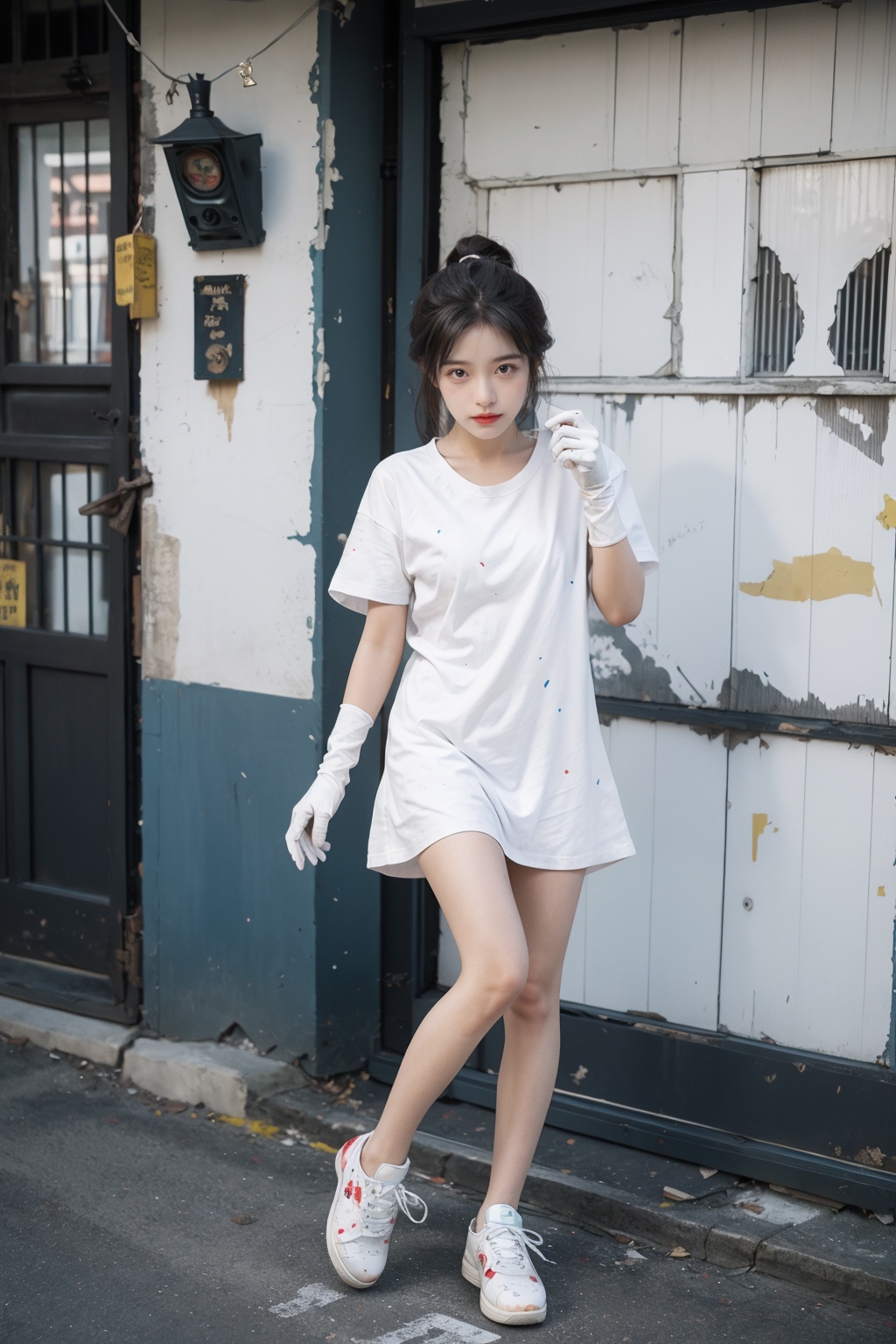 aged down,1girl,jk,paint splatter,sneakers,gloves,short dress,:>,Burnt tea,