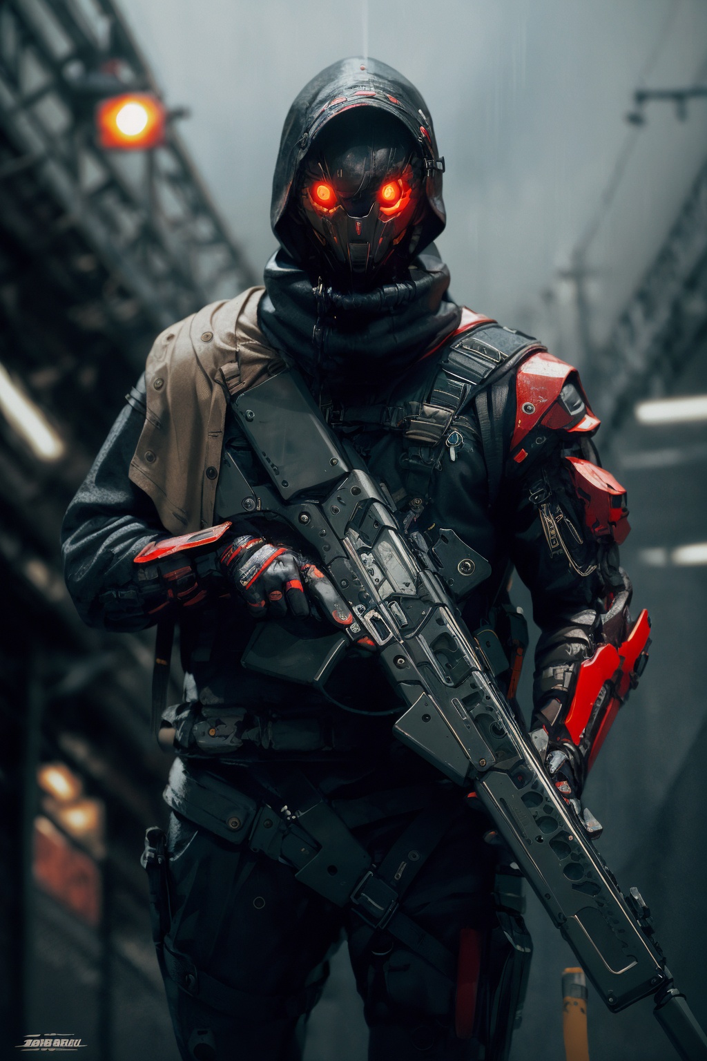 -weapon, gun, holding weapon, holding gun, holding, science fiction, solo, rifle, 1boy, gloves, coat, black gloves, male focus, cyberpunk, robot, cable,<lora:Apocalypse Aso_20240119162949:1>,Apocalypse Aso,