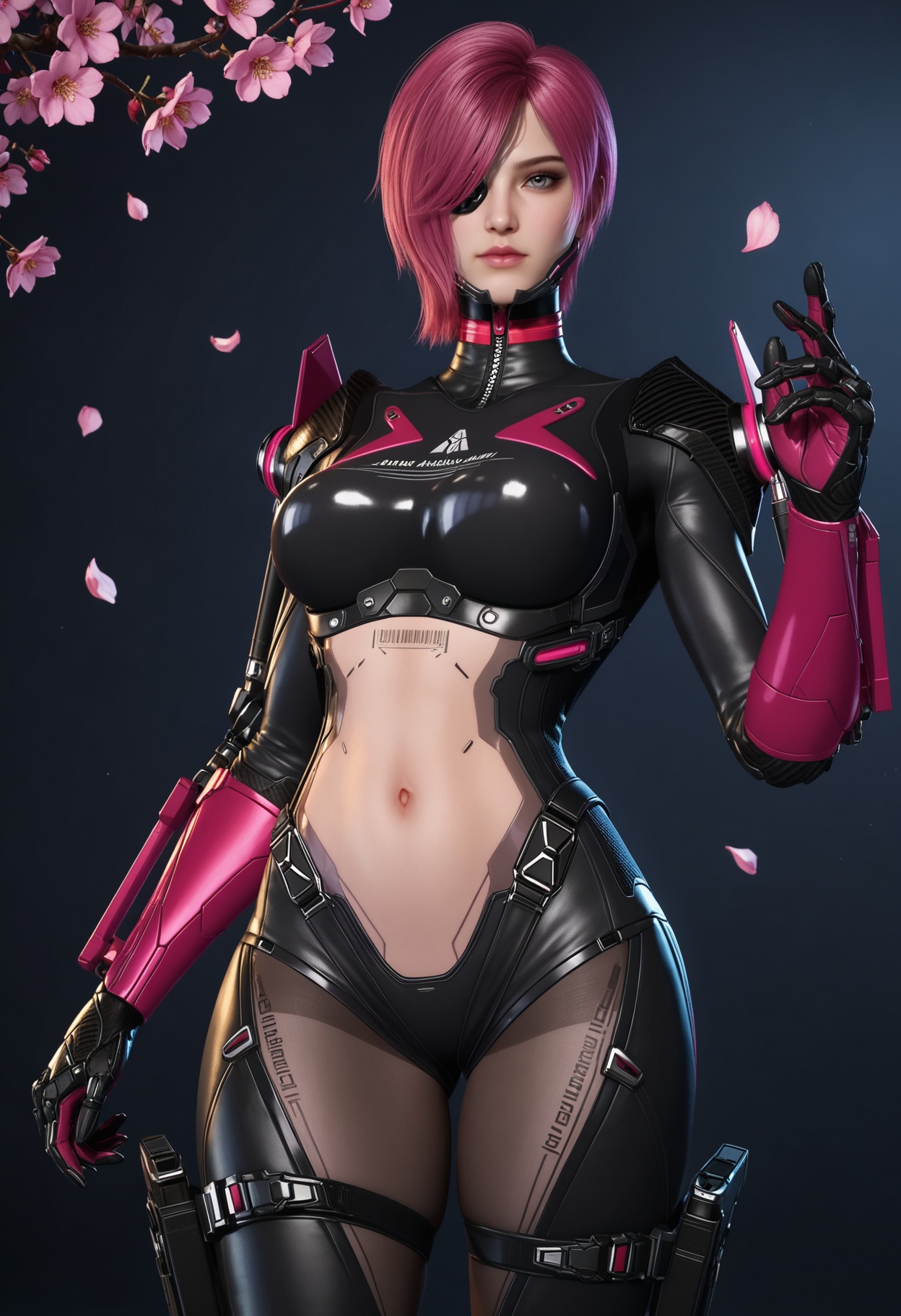 (upper_body:1.2),looking at viewer:1.1,masterpiece,(best quality),smog,Dark room,dim lighting,peach blossom,falling petals,<lora:YQ_Illustrious光辉v5_缇娜_V1:0.8>,q1528437228,1girl,solo,pink hair,short hair,bodysuit,hair over one eye,gloves,blue eyes,red hair,black bodysuit,boots,holster,armor,eyepatch,skin tight,tattoo,mechanical arms,thighhighs,one eye covered,cyborg,thigh strap,thigh holster,grey eyes,high heels,purple hair,thighs,crop top,