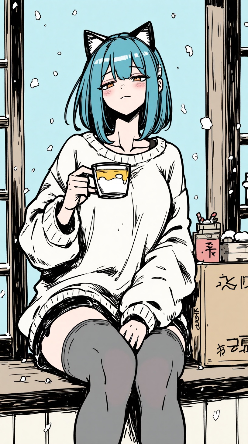 vari,vari, line art, manga-style, sfw, 1girl, shoulder-length blue hair, cat ears headband, oversized sweater, shorts, thigh-high stockings, sitting on a windowsill, holding a cup of tea, snow falling outside, cozy room background, sleepy expression, original