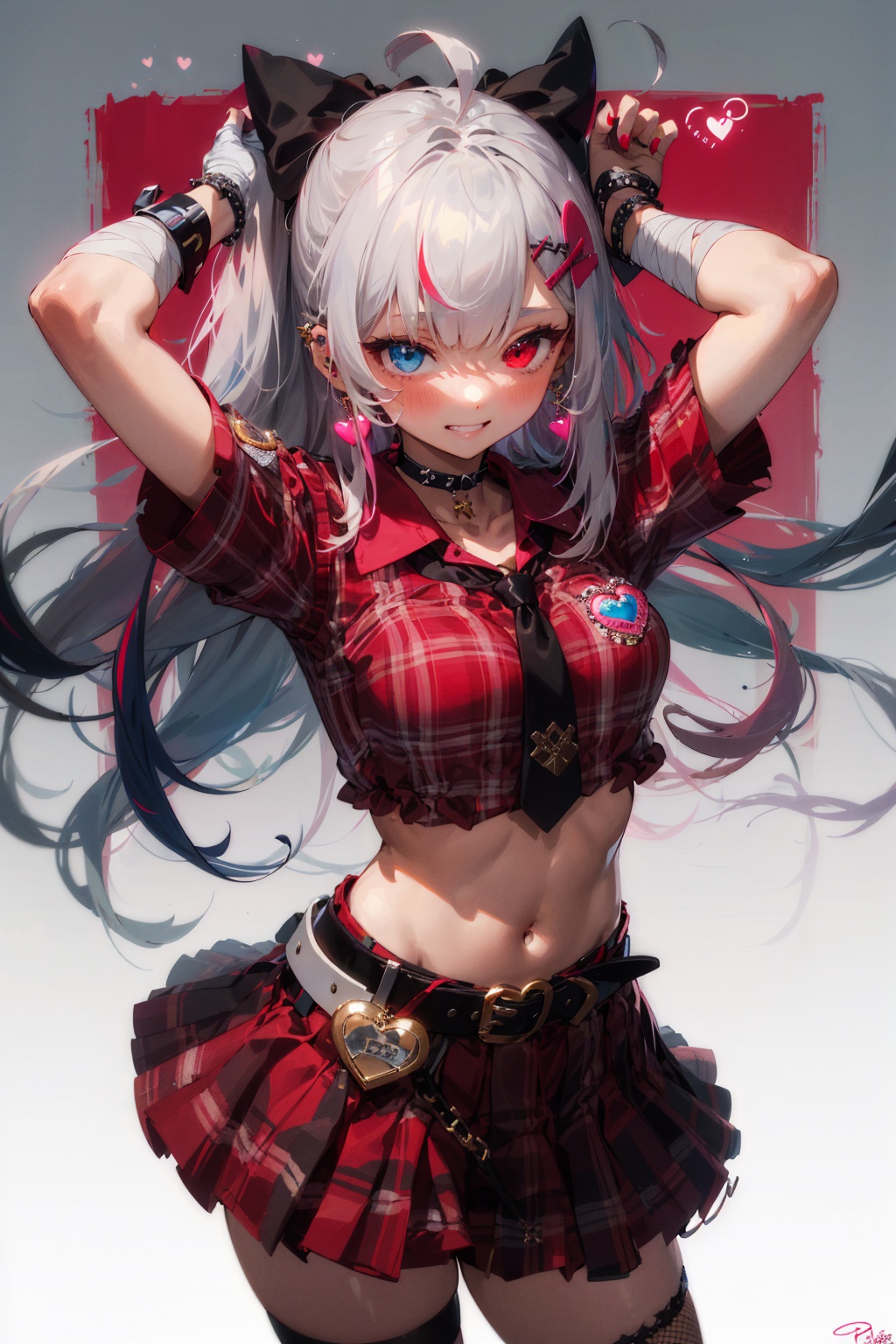 (masterpiece:1.2),best quality,PIXIV,Sweet girl,1girl,solo,long hair,smile,skirt,gloves,heterochromia,hair ornament,fingerless gloves,bow,hair bow,jewelry,black gloves,plaid skirt,multicolored hair,fishnets,looking at viewer,shirt,plaid,earrings,black bow,nail polish,belt,heart,red shirt,short sleeves,grin,crop top,single glove,bangs,red skirt,cowboy shot,arms up,bandages,hairclip,choker,ahoge,black nails,signature,pink eyes,necktie,bandaged arm,very long hair,spikes,midriff,collar,pleated skirt,black choker,black necktie,pink hair,polka dot,blush,ear piercing,miniskirt,grey eyes,grey hair,piercing,hands up,multicolored nails,heart hair ornament,streaked hair,black collar,black belt,white hair,red eyes,red nails,frills,safety pin,x hair ornament,ring,breasts,buckle,badge,chain,spiked bracelet,character name,bracelet,