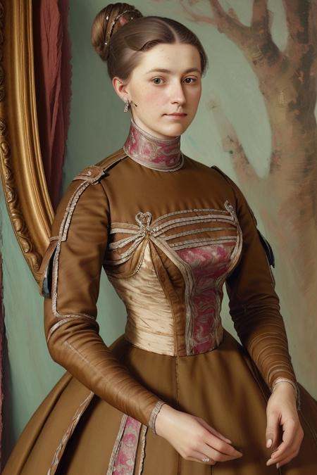 painting portrait of upper body a woman wearing a 8r0wn dress,  posing,  detailed face on Tensor.Art