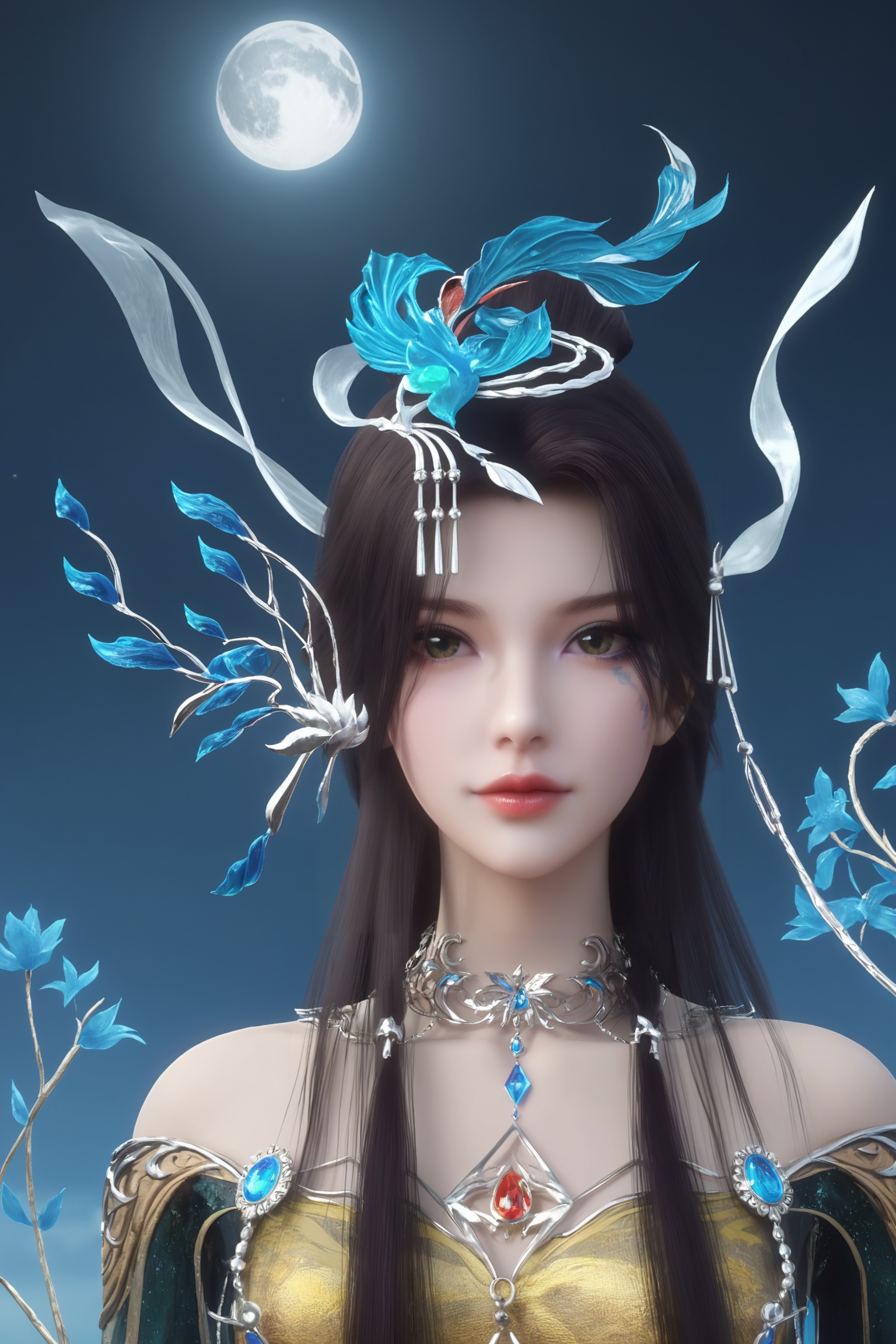 masterpiece,best quality,solo,1girl,upper body,petals,looking at viewer,moon,branch,cherry blossoms,flower,extreme aesthetic,(quasarcake:0.7),masterpiece,best quality,good quality,newest,very aesthetic,absurdres,A shot with tension,(Visual impact,giving the poster a dynamic and visually striking appearance:1.2),impactful picture,offcial art,colorful,splash of color,movie perspective,<lora:云深不知梦-羲和Pony:0.7>,1girl,long,flowing black hair,blue and silver ornaments,headdress,gems,elaborate,ornate  golden,with intricate patterns and designs,and adorned with blue and teal accents costume,high collar,