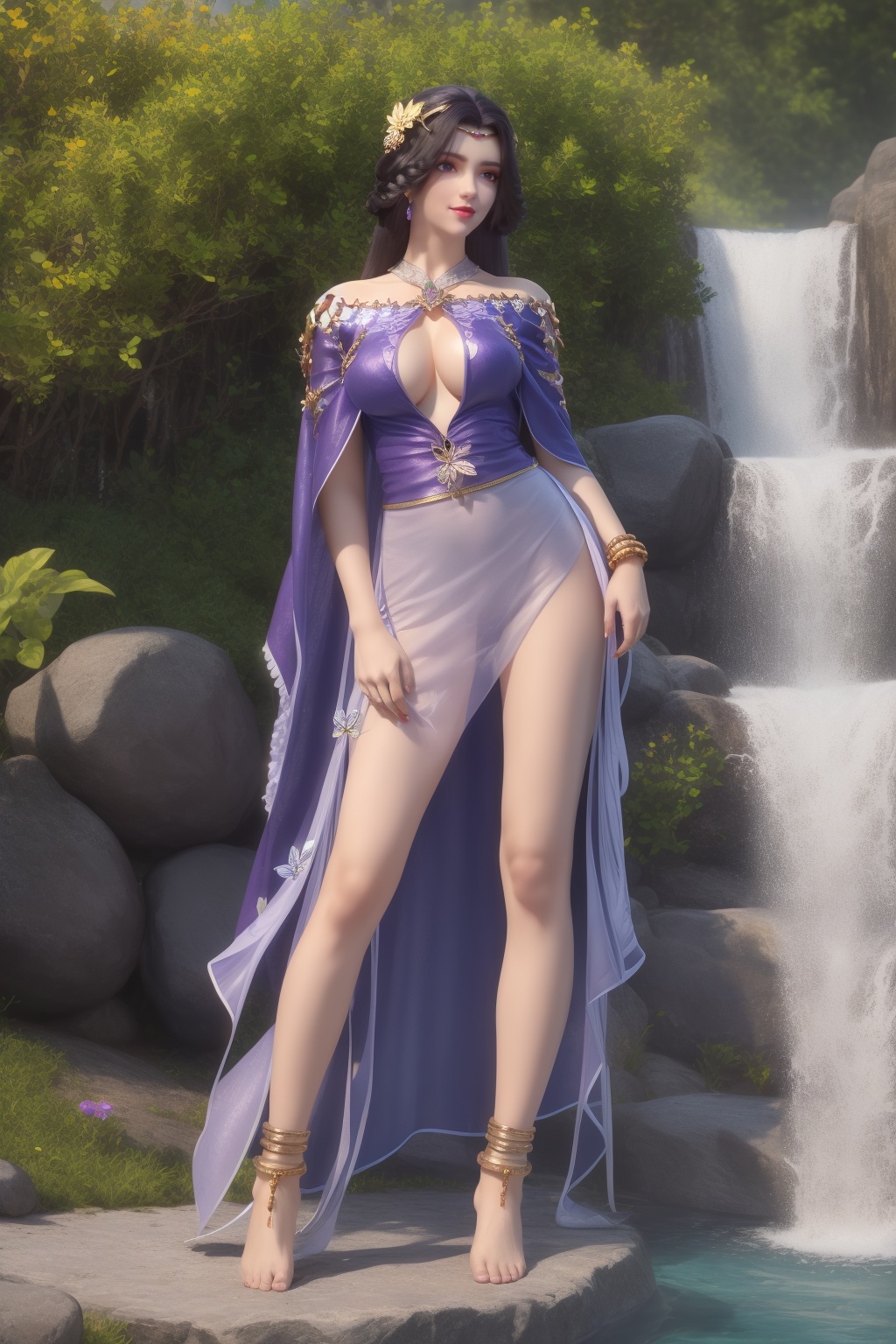 ultra realistic 8k cg,flawless,clean,masterpiece,professional artwork,famous artwork,perfect face,beautiful face,best quality,full_shot,absurdres,shenfengXiaoYunXi,1girl,solo,dress,cape,circlet,halterneck,standing,purple eyes,purple hair,shiny,torogao,smile,makeup,red lips,breasts,large breasts,jewelry,earrings,hair ornament,(outdoors:1.4),water,waterfall,butterfly,flower,braid,long hair,realistic,looking at viewer,barefoot,anklet,barefoot sandals,<lora:shenfengXiaoYunXi_20240106234614-000004:0.7>,
