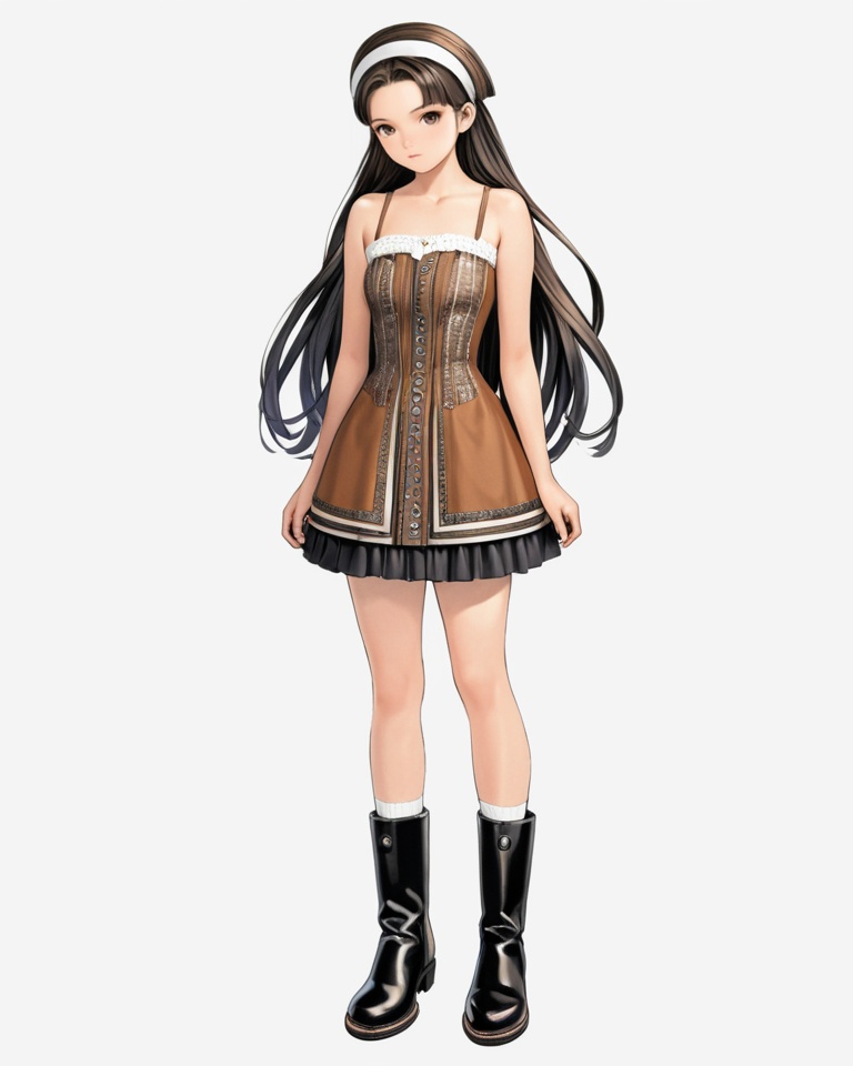 (best quality), ((masterpiece)), (highres), illustration, original, extremely detailed,  <lora:莲实复古动漫XL:0.7>1girl, solo, boots, dress, simple background, hairband, full body, long hair, standing, white background, black hair, brown hair, black footwear, bare shoulders, socks