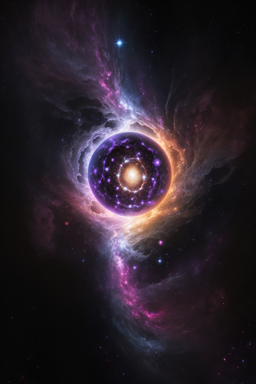 (Best quality, ultra-high resolution, high detail:1.2),A planet-**** object floating in an abstract nebula,galaxy and stars. The planet is surrounded by swirling purple,blue and white fluid art,creating a spherical hallucination effect. The background is the dark universe,forming a high contrast with the bright colors. The surface of the planet is smooth,with a glossy sheen,delicate textures,edge lighting highlights its dynamic characteristics. The whole picture is filled with thoughts and imaginations about the universe and life. High-definition,high-quality image,intricate,sharp focus,photorealistic painting art by midjourney., <lora:20240522-1716361934931:0.6>