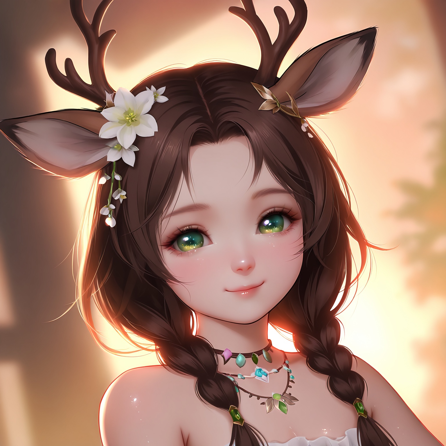masterpiece,very aware,highres,absurdres,newest,best quality,loli,petite,high quality,chromatic_aberration,cinematic_angle,dutch angle,//,loli,1girl,solo,braid,brown hair,twin braids,antlers,deer ears,animal ears,horns,jewelry,hair ornament,flower,green eyes,necklace,smile,hair flower,long hair,closed mouth,looking at viewer,portrait,bare shoulders,blurry background,hair over shoulder,reindeer antlers,blurry,//,official art,depth of field,detailed light,blurry background,best shadow,shiny skin,cinematic lighting,ray tracing,amazing quality,very aesthetic,absurdres,beast quality,ultra detailed,newest,8K,HDR,//,<lora:touxiang——【noob】hans:0.8>,