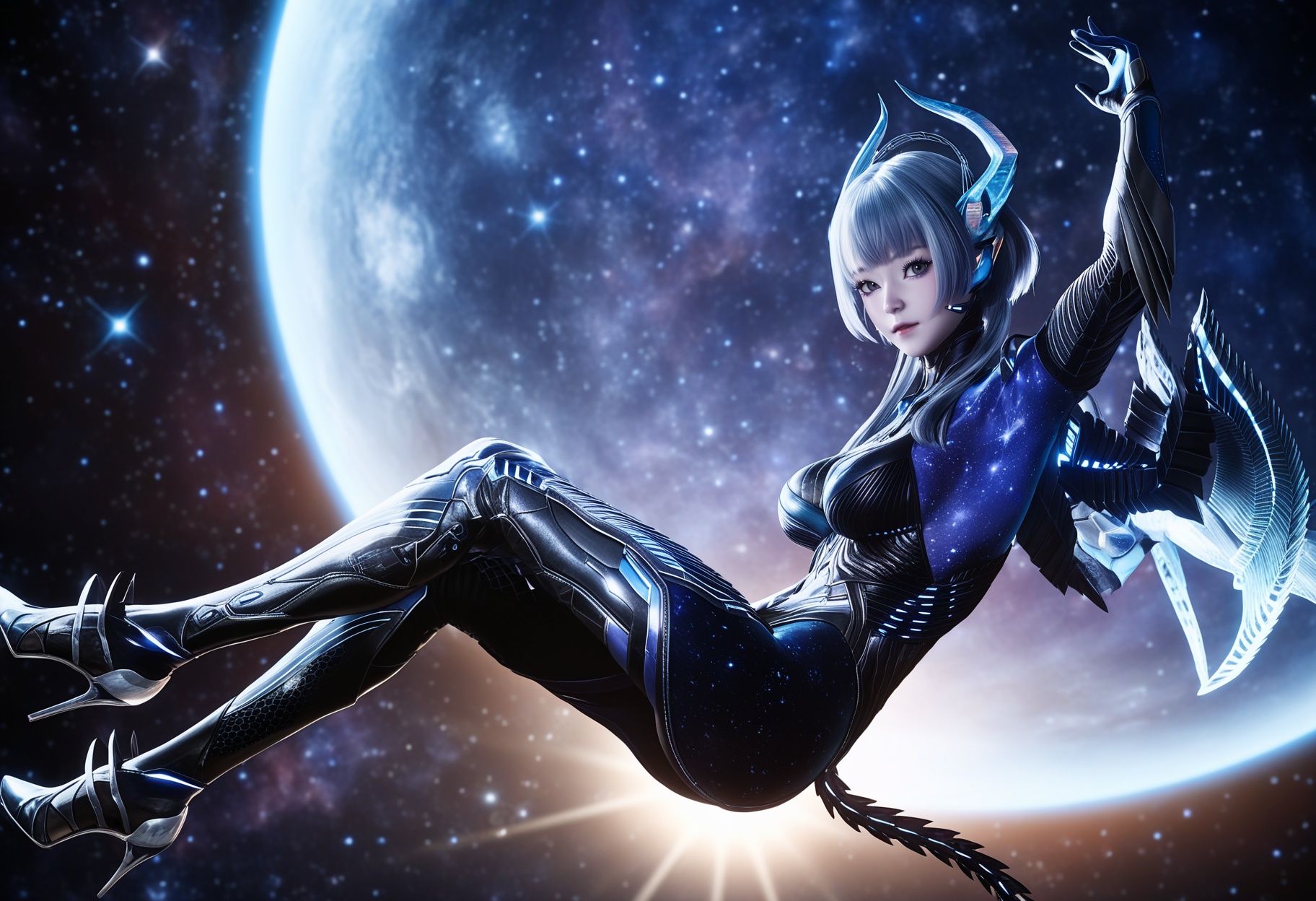 masterpiece,best quality,amazing quality,high resolution,ultra-detailed,absurdres,(looking at viewer:1.1),full body,(moody lighting:1.1),cosmic,nebula,starry,galaxy BREAK large breasts,babata,1girl,solo,blue hair,short hair,horns,bodysuit,blue eyes,wings,blue skin,blunt bangs,tail,short hair with long locks,sidelocks,grey hair,black eyes,armor,headgear,white hair,high heels BREAK photorealistic details,<lora:QQSillbabataV1:0.8>,