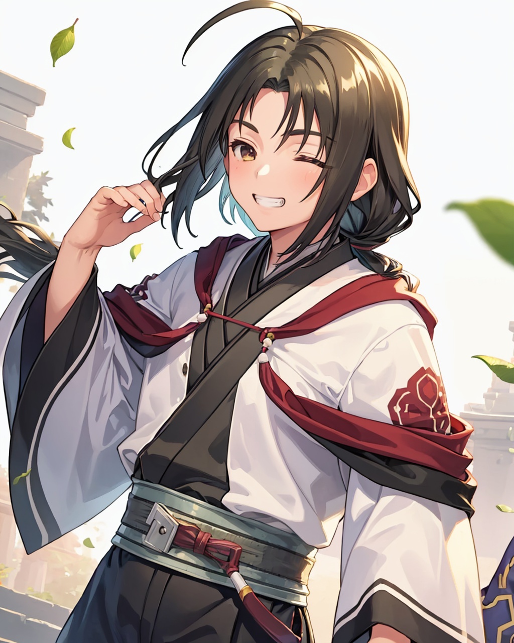 masterpiece,best quality, highly detailed, haku (utawarerumono),solo, one eye closed, grin, male focus, 1boy, ahoge, leaf, 1girl,<lora:haku_(utawarerumono):1>