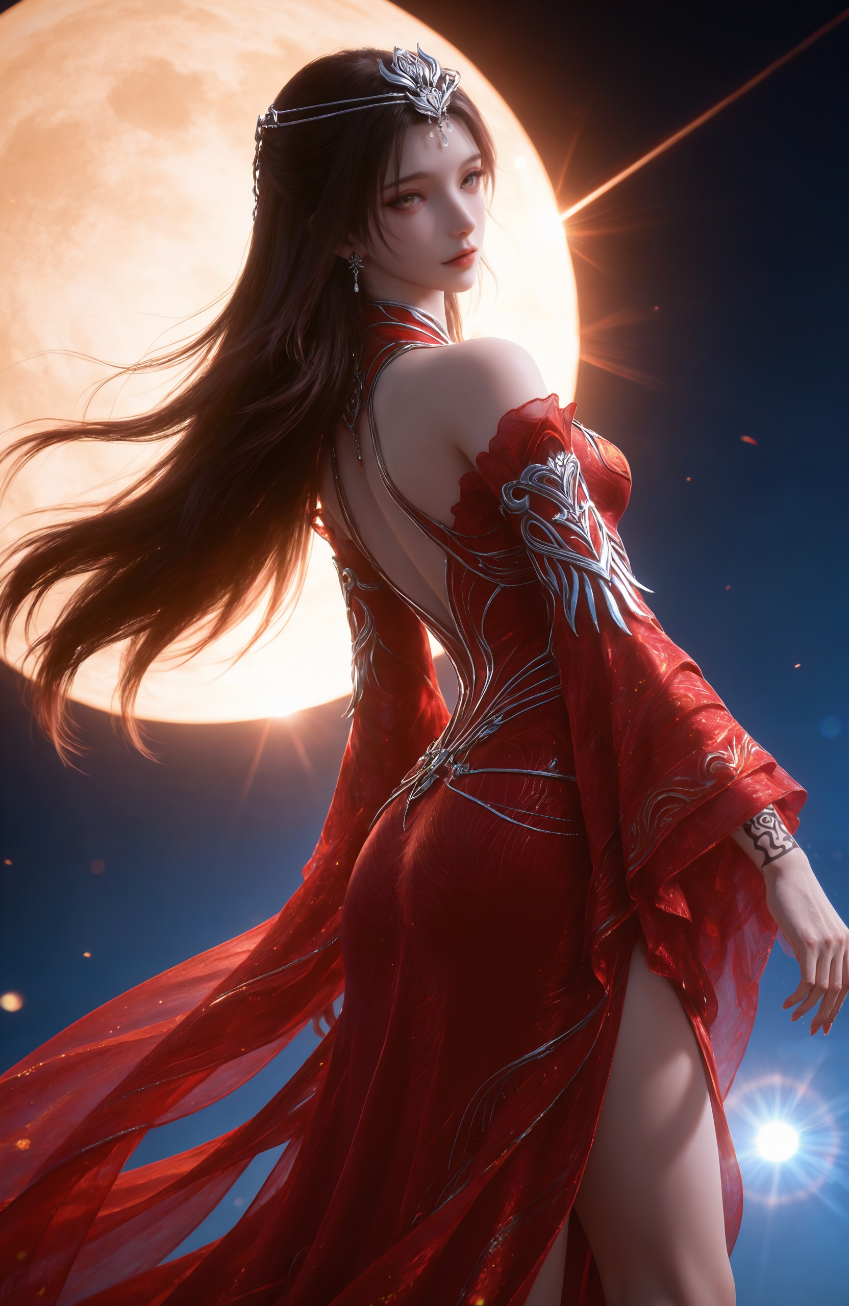 <lora:神墓3-灵尸雨馨IL:0.7> 1girl,  long hair, brown hair, hair ornament, dress,  jewelry, bare shoulders, earrings, detached sleeves, clothing cutout, bare legs,  red nail polish,red dress, tiara, arm tattoo,toes,barefoot,, realistic style photo,outstanding style,Use soft lighting to cast gentle shadows on the subject,adding a touch of dimension to your images without compromising details,whirls of vapor,(Anime:1.1),soft neon light,ethereal ambiance,delicate details,magical atmosphere,concept art,highly detailed,ultra-high resolution,32K UHD,sharp focus,best-quality,masterpiece,golden hour,unconventional supreme masterpiece,masterful details,temperate atmosphere,with a high-end texture,in the style of fashion photography,magazine style,Dynamic Angle,Dynamic posture,magazine style,Dynamic Angle,Dynamic posture,(cowboy_shot:1.2),eye trail,depth of field,cinematic lighting,lens flare,close-up,extreme aesthetic,(wlop:0.6),(honjou raita,lack,rella,wanke:0.5),masterpiece,best quality,good quality,newest,year 2025,very aesthetic,absurdres,Visual impact,A shot with tension,ultra-high resolution,32K UHD,sharp focus,best-quality,masterpiece,Emotionalization,unconventional supreme masterpiece,masterful details,temperate atmosphere,with a high-end texture,in the style of fashion photography,(Visual impact:1.2),giving the poster a dynamic and visually striking appearance,, solo,upper body,looking at viewer,gradient background,gradient,blue background,black background,