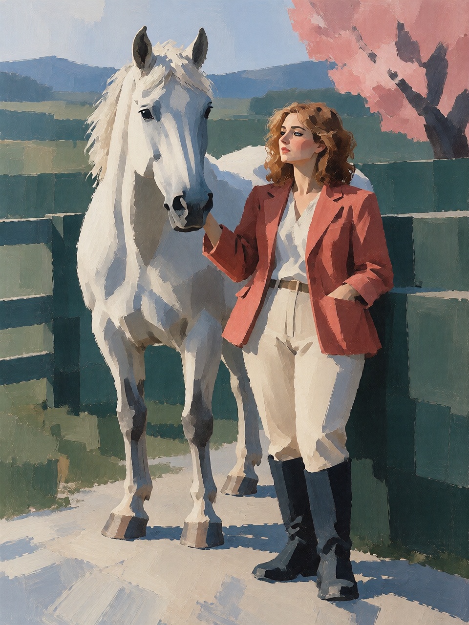 A white horse standing beside a young woman wearing a bright vermilion riding jacket and cream-colored trousers. They stan...