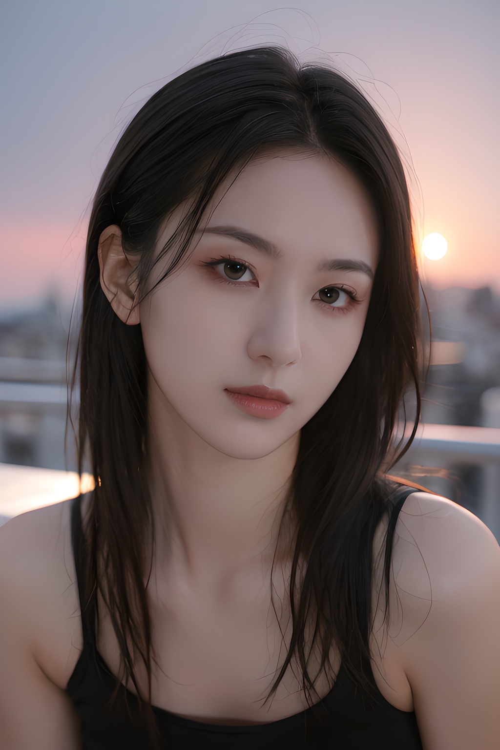 <lora:0814_04:0.7>,Frontal photography,Look front,evening,dark clouds,the setting sun,On the city rooftop,A 20 year old female,Black top,Black Leggings,black hair,long hair, dark theme, muted tones, pastel colors, high contrast, (natural skin texture, A dim light, high clarity) ((sky background))((Facial highlights)),, 1girl,realistic,masterpiece, best quality, photorealistic, HDR,detail