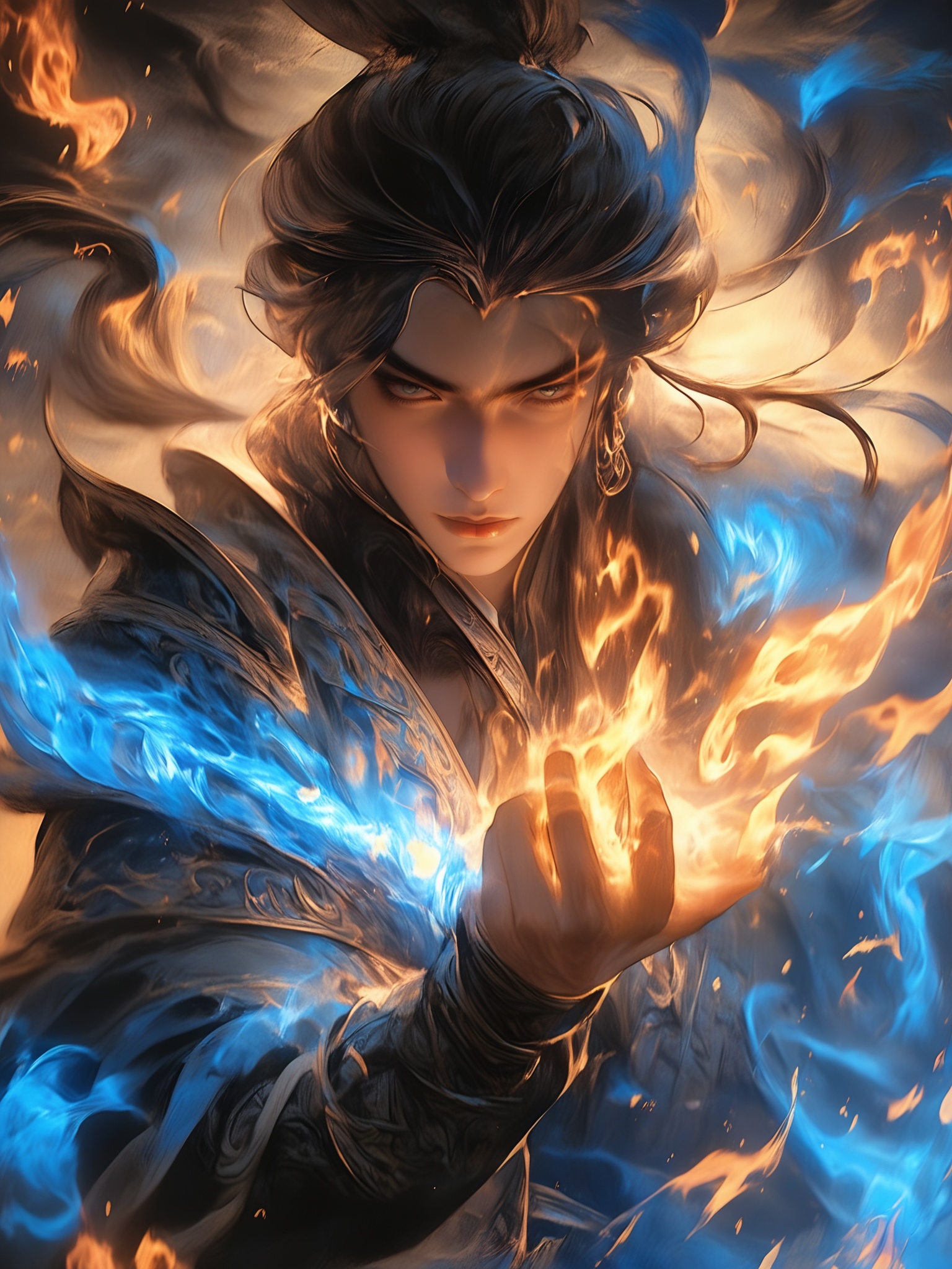renzu,The image depicts a character with long, flowing hair that appears to be illuminated by a vibrant blue light. The character is wearing intricate, dark-colored armor with ornate designs, and their expression is intense and focused. In their hand, they are holding a glowing blue flame, which adds to the mystical and powerful aura of the scene. The overall atmosphere is one of fantasy and magic, with the blue light and flame creating a striking visual effect.