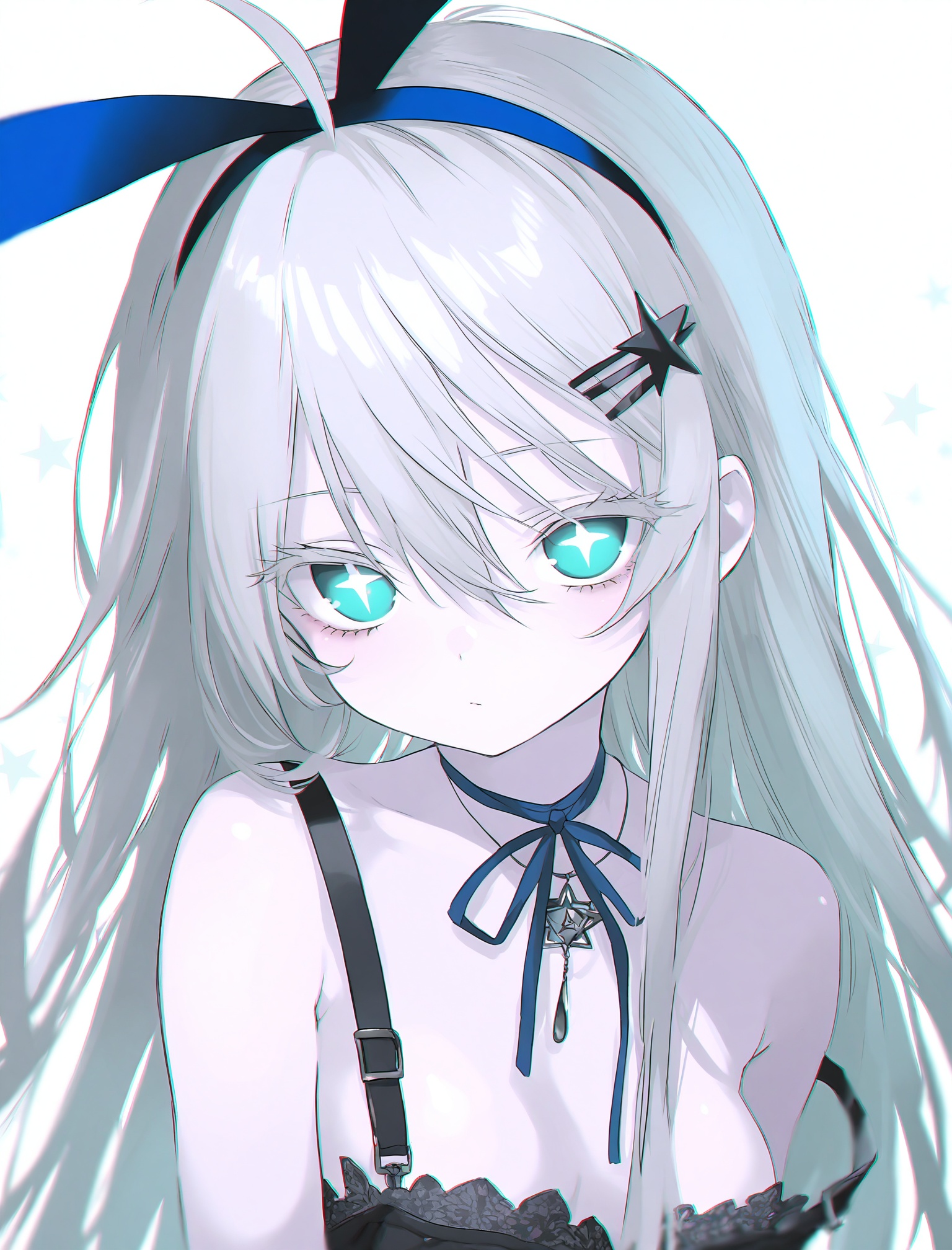 masterpiece,absurdres,best quality,loli,petite,high quality,chromatic_aberration,//,Lanlan,1girl,ahoge,silver hair,pale_skin,gradient eyes,aqua eyes,fair_skin,very long hair,alice_\(alice_in_wonderland\),necklace,petite,long hair,white hair,bangs,blue eyes,medium breasts,hair ornament,ribbon,hair between eyes,fake animal ears,hair ribbon,hairband,hairclip,star \(symbol\),neck ribbon,blue ribbon,star hair ornament,blue hairband,rabbit ears,blue ears,wardrobe_error,strap_slip,//,<lora:guimao2025.10.24——【noob】hans:1>,