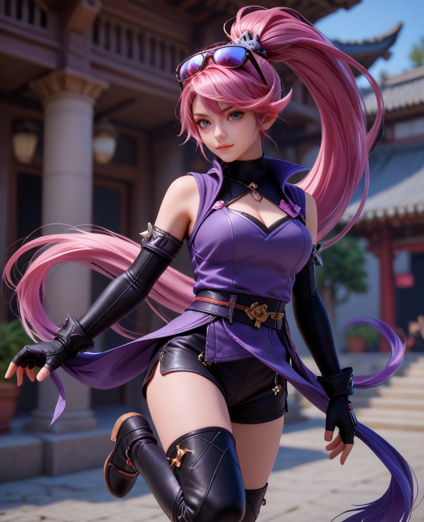 (oriental architecture, elegant decor, sophisticated style:1.1),(martial arts flying kick:1.1),(large breasts:1.2),<lora:XL16王者荣耀孙尚香杀手不太冷:0.95>,miss sunshangxiang,violet vest,black shorts,blue eyes,ponytail,violet dip-dye for pink hair,absurdly long hair,eyewear on head,black elbow gloves,black thigh boots,belt,medium breasts,, score_9,score_8_up,score_7_up,score_6_up,score_5_up,score_4_up,3d rendering,tag1,tag2, Cinematic Lighting,backlighting,, zPDXL3, zPDXL2,zPDXL, zPDXLxxx, zPDXLrl,