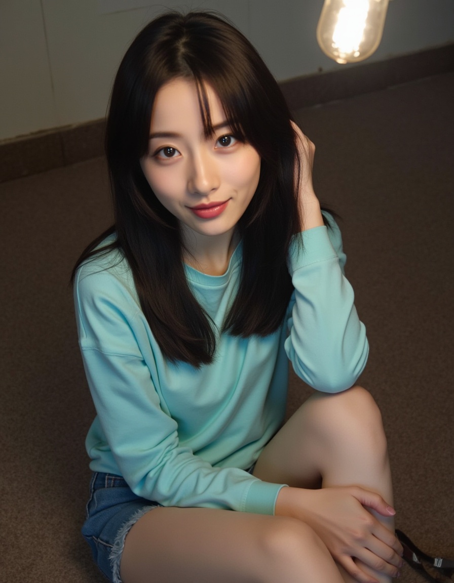 a young Asian woman with long dark hair,wearing a light blue long-sleeved t-shirt and blue shorts,is seated on a brown carpeted floor. Her left hand is draped over her right shoulder,adding a touch of color to the scene. The woman's eyes are a piercing blue,and her lips are a pinkish-pink. Her hair is cascading down her shoulders,framing her face. A light bulb is emitting from the top of her head,casting a shadow on the left side of the image.,