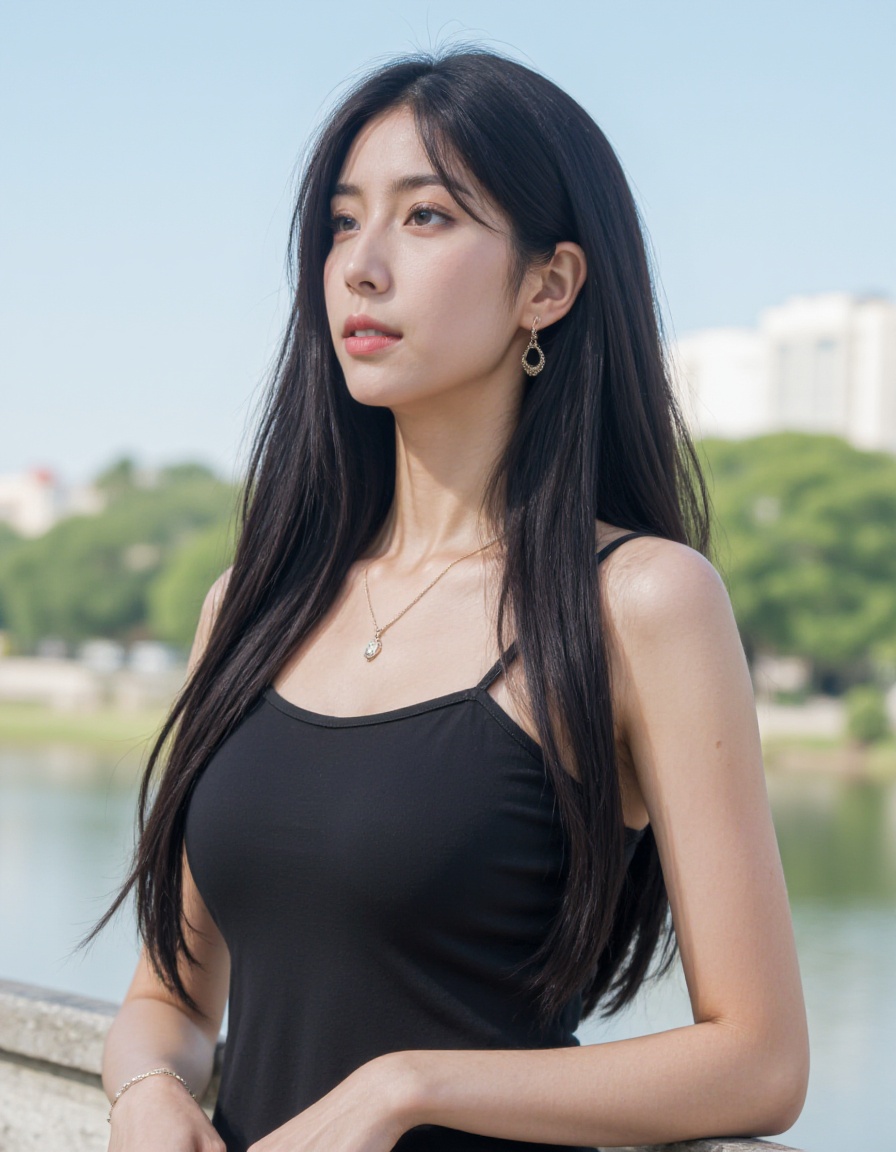 realistic, photorealistic, upper body, 1girl, solo, black hair, long hair, dress, jewelry, earrings,  looking at viewer, outdoors,