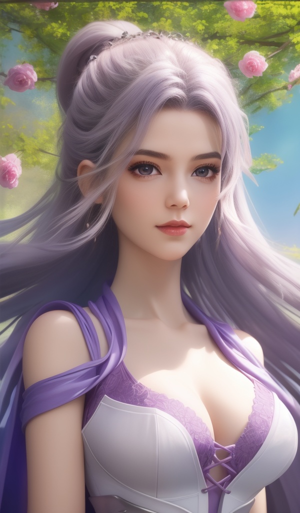 <lora:716-DA-师兄啊师兄-云霄-紫服:0.8>(,1girl, ,best quality, ),looking at viewer,  ,ultra detailed 8k cg,ultra detailed background,ultra realistic 8k cg,1girl, solo,(bare shoulders:0.85),(masterpiece, best quality),((oil painting style)),sexy young lady,(beautiful face and eyes),(upper body:1.5),(whole body:1.05),(single person:1.2),surrounded by flowers, (lily), roses, floret, vegetation, white, purple, purplish pink,Impressionism,colorful,(Breast size:1.3),(cleavage),