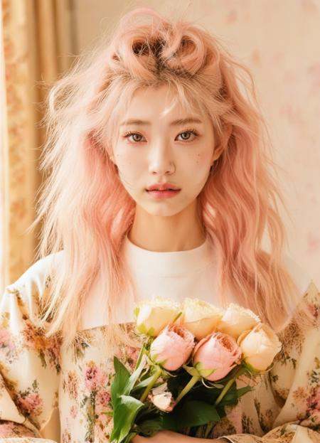a girl with pink hair holding flowers,  messy wavy white hair,  inspired by Hua Yan on Tensor.Art