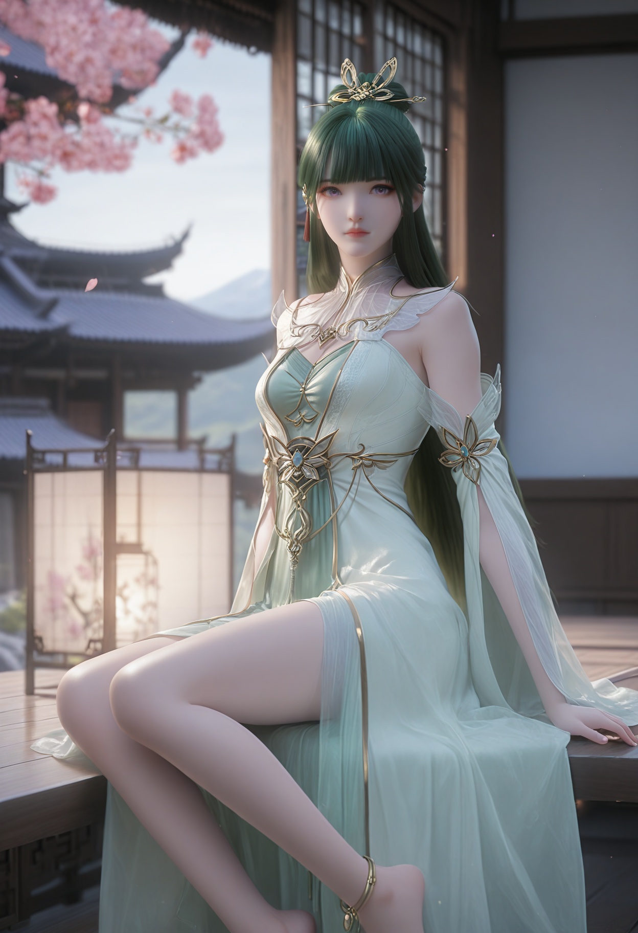 Fu_qu,1girl,green hair,hair ornament,long hair,bangs,blurry background,anklet,barefoot,purple eyes,bare shoulders,<lora:Fu_qu_10_illu-000004:0.75>,white dress,green dress,detached sleeves,see-through,gold trim,photorealistic,hyperrealistic,<lora:realistic filter [IL]:1>,(pale skin:1.2),looking at viewer,sitting,lantern,open window,looking at viewer,indoors,mountains,blossoms,flowers,east asian architecture,beautiful sunrise,warm ambient temperature,