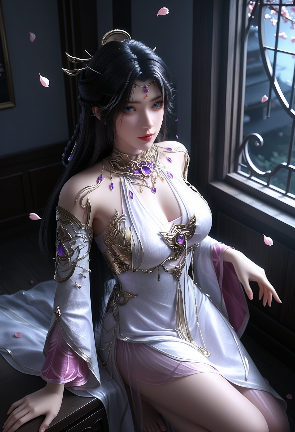 masterpiece,best quality,amazing quality,very aesthetic,high resolution,ultra-detailed,absurdres,scenery,photorealistic,(looking at viewer:1.1),(Dark room:1.3),(moody lighting:1.1),peach blossom,falling petals,(large breasts:0.8),monvzhenshen,1girl,solo,black hair,long hair,jewelry,dress,white dress,hair ornament,blue eyes,detached sleeves,bare shoulders,gem,realistic,necklace,braid,barefoot BREAK photorealistic details,<lora:QQSillmonvzhenshenV1:0.8>,
