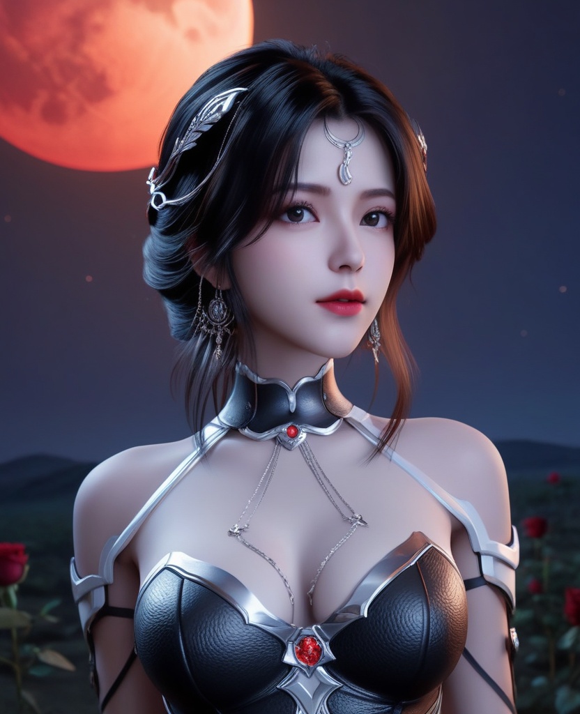 <lora:613-DA-XL-神印王座-白玥:0.8>(,1girl, ,best quality, ),looking at viewer,  ,,ultra detailed background,ultra detailed background,ultra realistic 8k cg,, ,masterpiece, (( , )),, ,science fiction,mole, ,    ,red moon, black rose,     (cleavage), (),