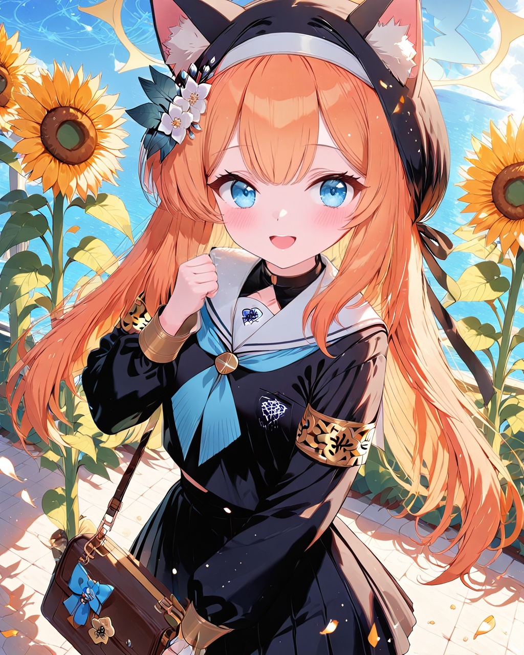 O,Five fingers,mari (blue archive),1girl,animal ears,solo,flower,long hair,sunflower,blue eyes,hat,bag,halo,smile,animal ear fluff,school uniform,looking at viewer,blush,open mouth,long sleeves,orange hair,skirt,bangs,sailor collar,mari (blue archive),white sailor collar,:d,serafuku,pleated skirt,black skirt,petals,neckerchief,black headwear,black serafuku,(UHD),anatomically correct,accurate,textured skin,super detail,high details,award winning,best quality,high quality,retina,HD,16k,1080P,