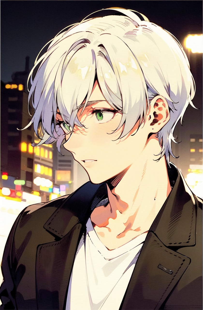 ultra highres,masterpiece,best quality,short hair,green eyes,white hair,bokeh,depth of field,open jacket,cityscape,night,1boy,spiked hair,portrait,walking,looking away,black theme,retro artstyle,traditional media,