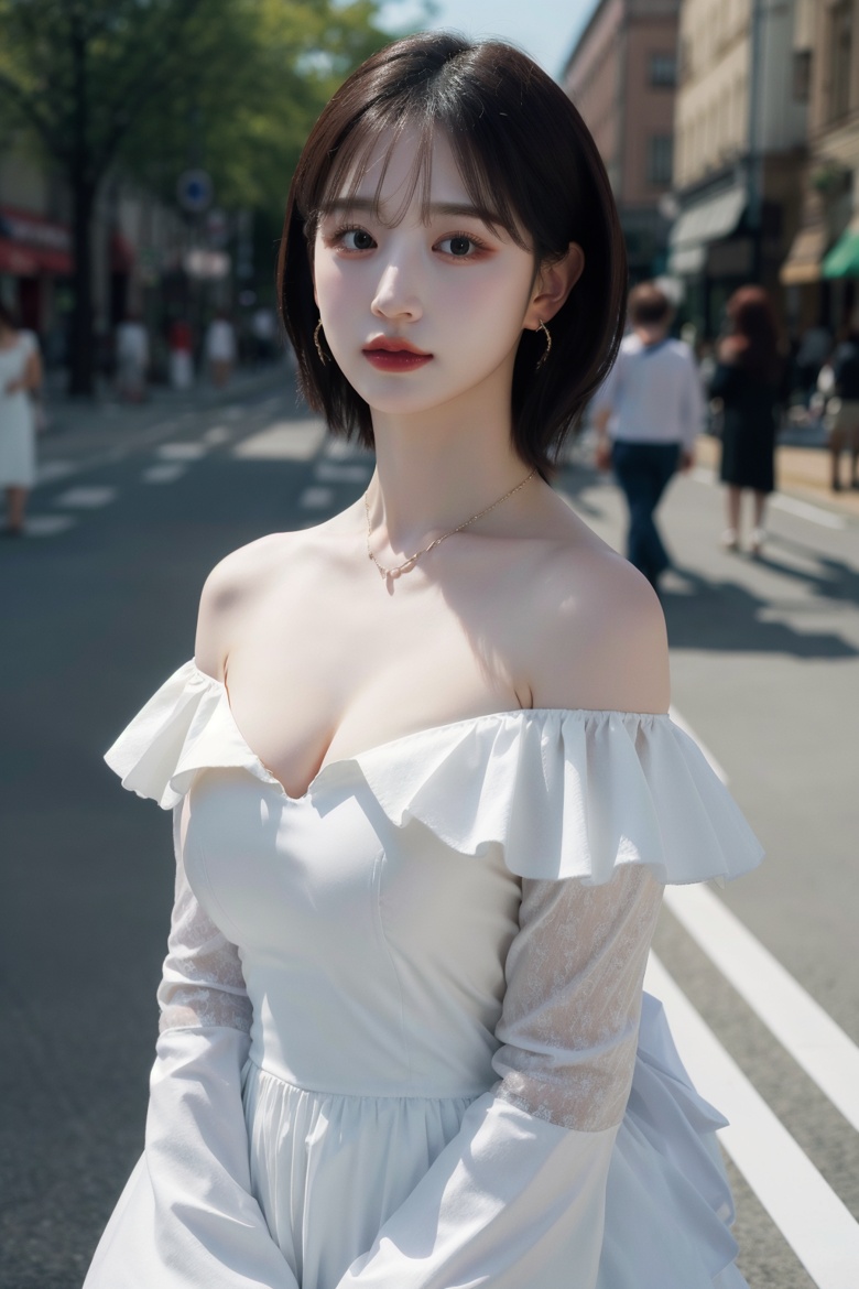 white dress,  white layered dress,  puffy sleeves on Tensor.Art