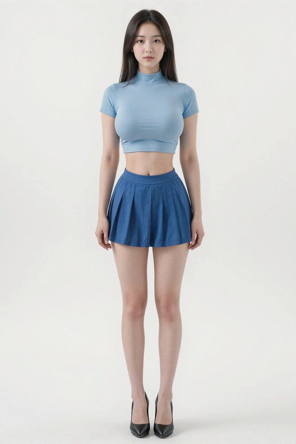 HDR photo of cinematic film still, large breasts, extremely slim waist, long legs, stand at attention, Long-distance full-body photo, A young woman. She has fair skin and long, straight, shoulder-length black hair. Her arms hang naturally at her sides. She wears a fitted, light blue short-sleeved high-necked crop top, paired with a blue pleated skirt, black high heels. The background is a clean, bright white.