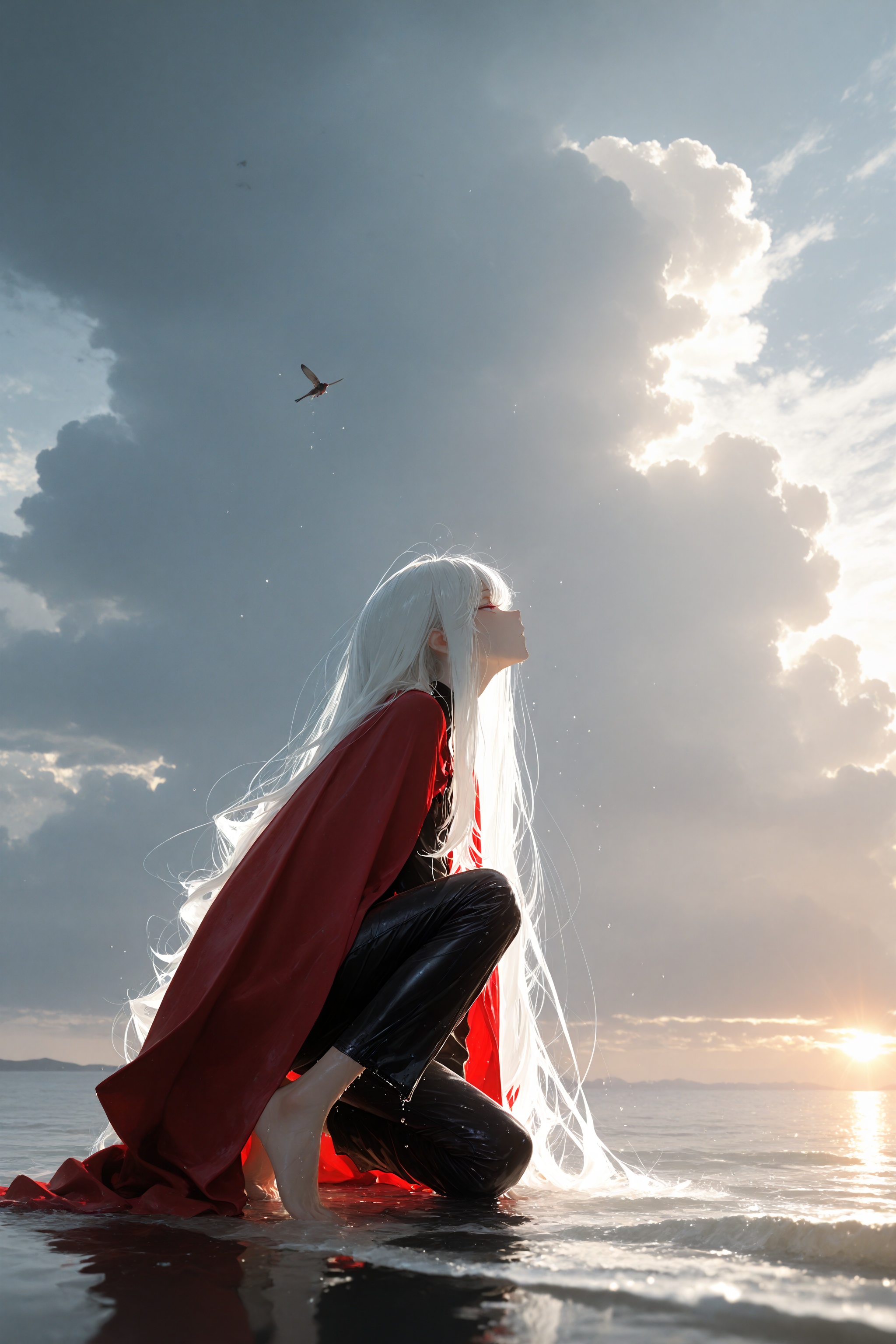 masterpiece,best quality,amazing quality,very aesthetic,absurdres,newest,highres,(dino_(dinoartforame):0.5),(yoneyama mai:0.5),cloud,cloudy sky,1girl,white hair,very long hair,red cape,one knee,sky,from side,outdoors,water,wet,barefoot,pants,profile,flying hair,gale,blow loose hair,sunlight through the clouds,