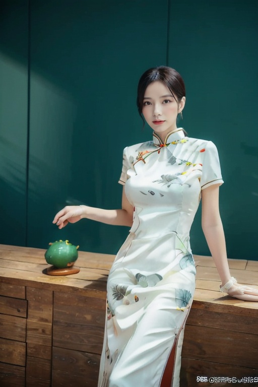 (global illumination, reality,ray tracing, HDR, unreal rendering, reasonable design, high detail, masterpiece,best quality, ultra high definition, movie lighting),1 girl,qipao01,outdoor,looking_at_viewer,hair bun,side_blunt_bangs,china_dress,chinese_style,light green qipao,big breasts,pose,solo,1girl,black hair,black eyes, (lakeside background: 1.3),   <lora:QpShuimo:0.7>