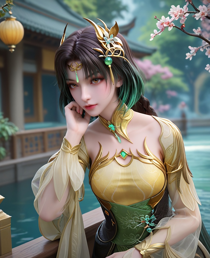 (oriental architecture, elegant decor, sophisticated style:1.1),Resting gracefully on her side, one hand under her head and legs slightly bent, she embodies relaxation and leisurely beauty,(breasts:1.2),<lora:XL16完美世界苏兰:0.95>,miss sulan,yellow bandeau,bobtail,brown eyes,black hair,green highlights,braided ponytail,hair ornament,detached collar,very long hair,sash,black bobtail,, zPDXL2, score_9, score_8_up, score_7_up BREAK realistic, masterpiece,best quality, highly detailed,, zPDXL3, zPDXL2,zPDXL, zPDXLxxx, zPDXLrl,