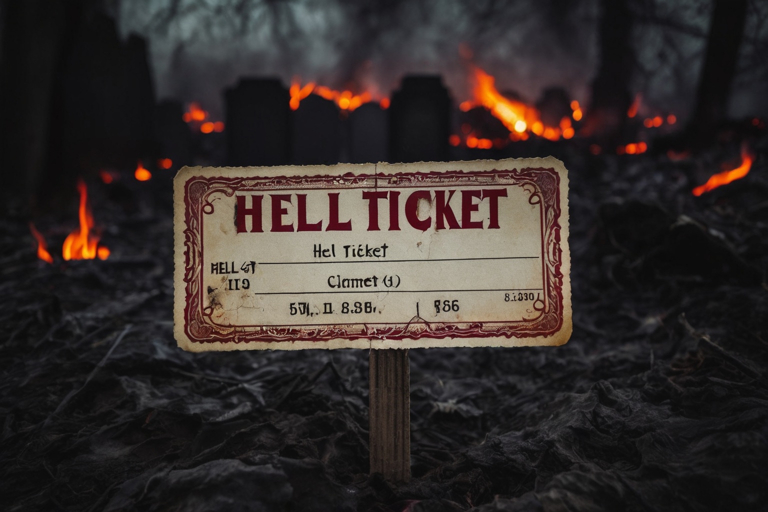 a photo of a hell ticket,  dark fire flames graveyard backdrop,  with the text: "HELL TICKET" on Tensor.Art