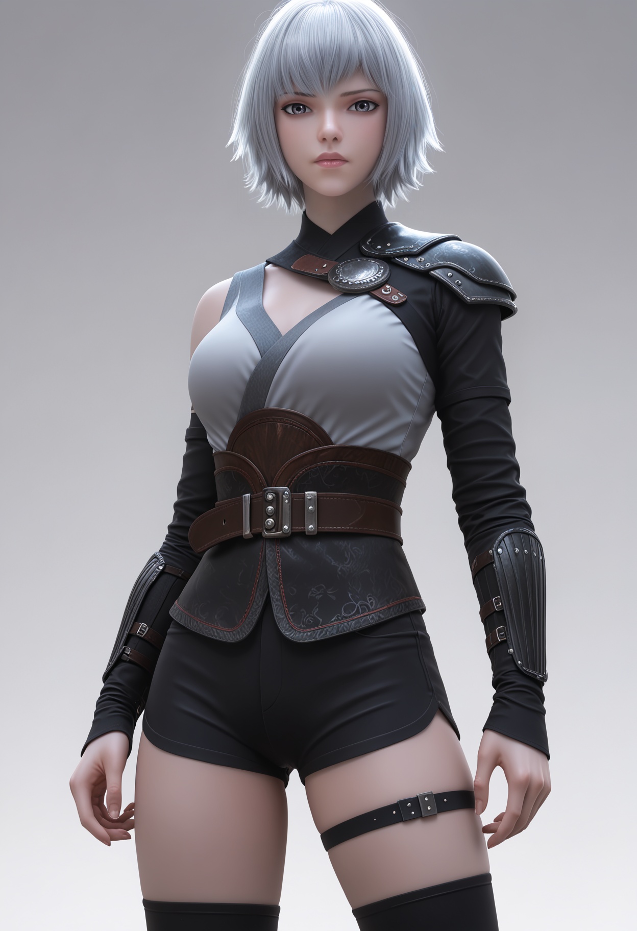 score_9,high detail,best quality,cinematic lighting,volumetric lighting,shiny skin,shiny,1girl,solo,armor,thigh strap,grey eyes,breasts,belt,short hair,white hair,white background,shorts,simple background,closed mouth,thighhighs,standing,lips,cowboy shot,sheathed,looking at viewer,<lora:QQSponybaiyuekuiV1:0.8>,<lora:Pony_DetailV2.0:0.8>,<lora:皮肤凹痕:0.1>,